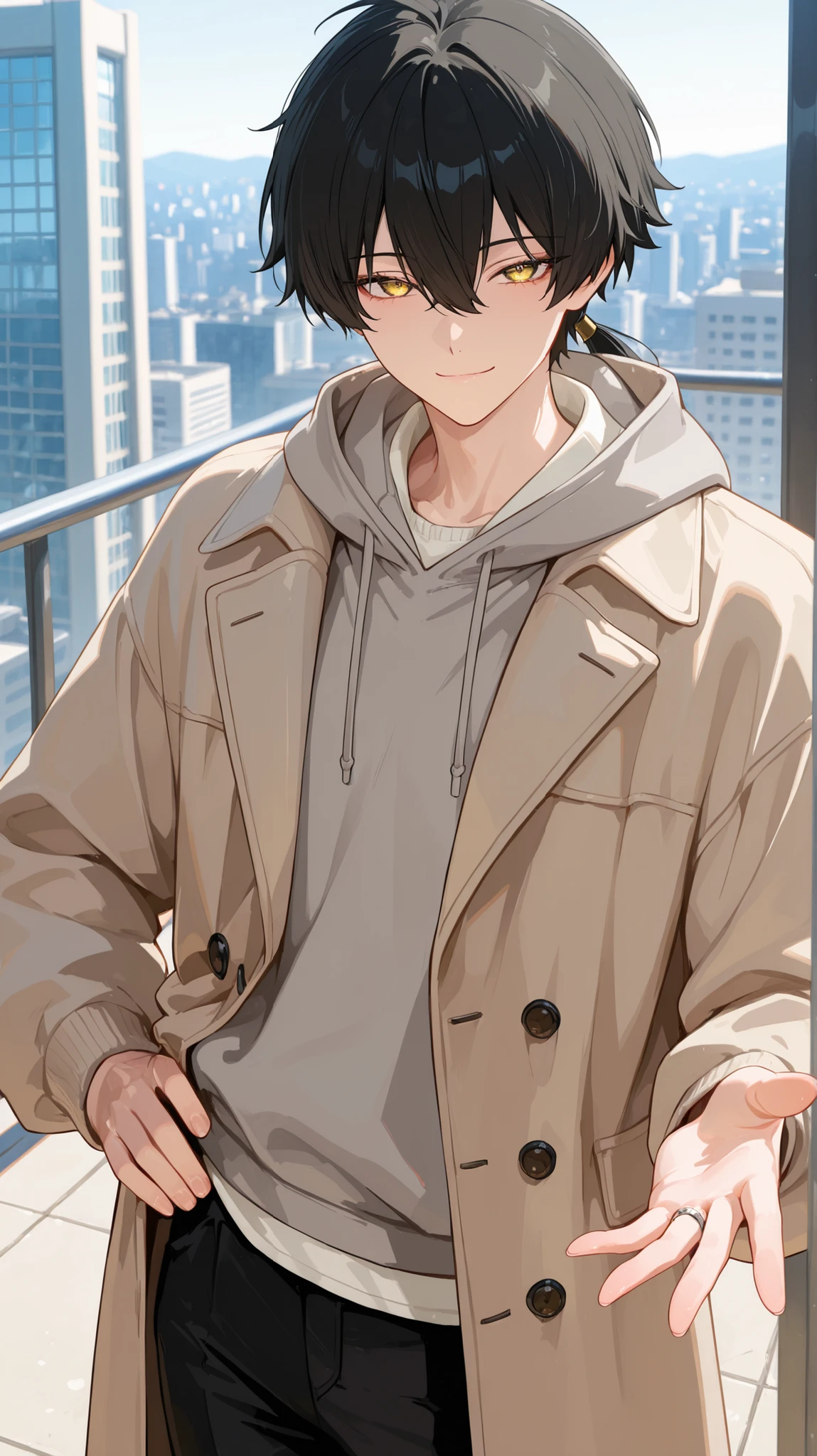 1boy, solo, anime boy, masterpiece, very aesthetic, (black hair), bangs, hair between eyes, long hair, low ponytail, ring hair extensions,, golden eyes, long eyelashes, looking at viewer, soft expression, small smile, long sleeve, open (brown coat), open (grey hoodie), (beige sweater), (white shirt) under sweater, (black trousers), close up, standing, hand on hip, daytime, city, soft skin, volume light, depth of field, high detail, highres, ultra-detailed, detailed face, (no necklace), (detailed eyes), (perfect eyes), perfect composition, intricate details, detailed and polished anime style, (perfect fingers), (anatomically correct fingers), (detailed hands), (perfect hands), 4K, 8K
