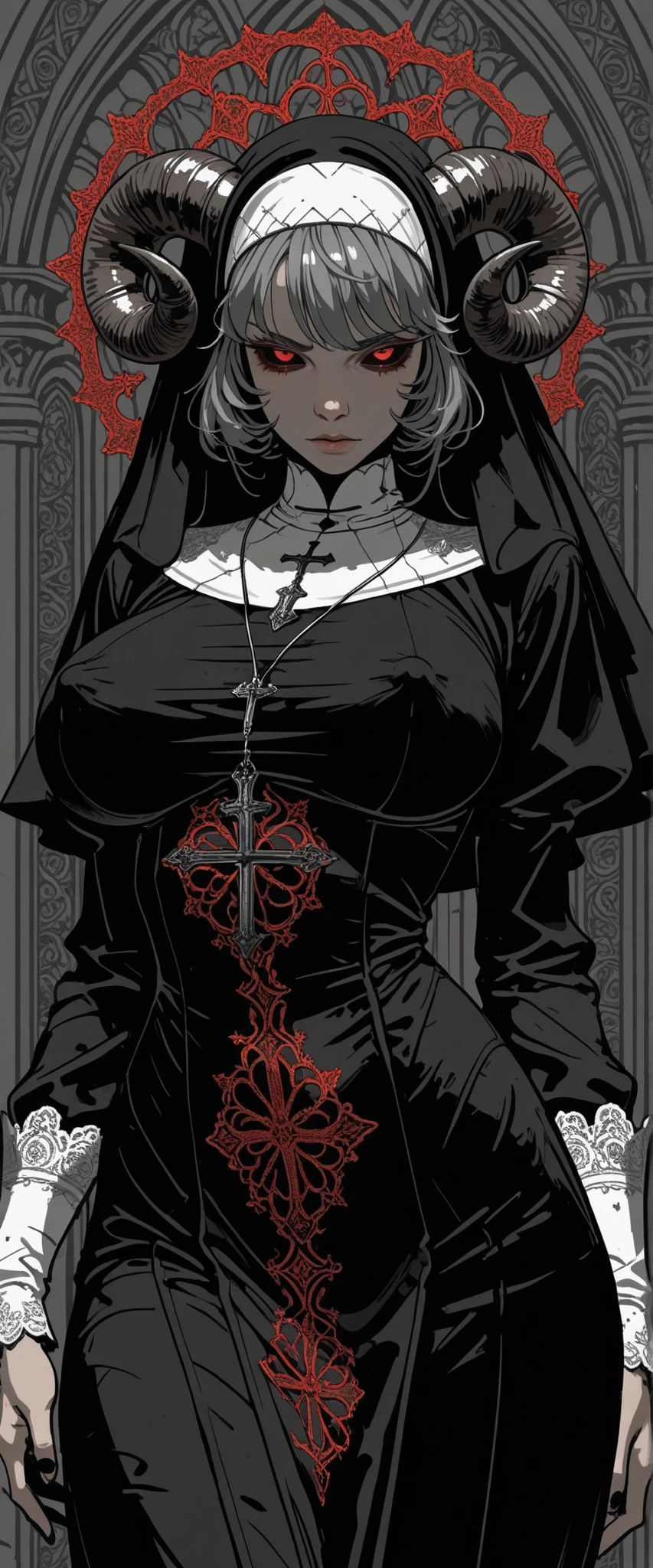 solo, red eyes, black sclera, , , nun, nun outfit, (sheep horns:1.4), dynamic pose, cowboy shot, intricate embroidery, intricate lacework, intricate details, flat colors:1.3, sketch:1.4, ((stylized in black and red and gray))
