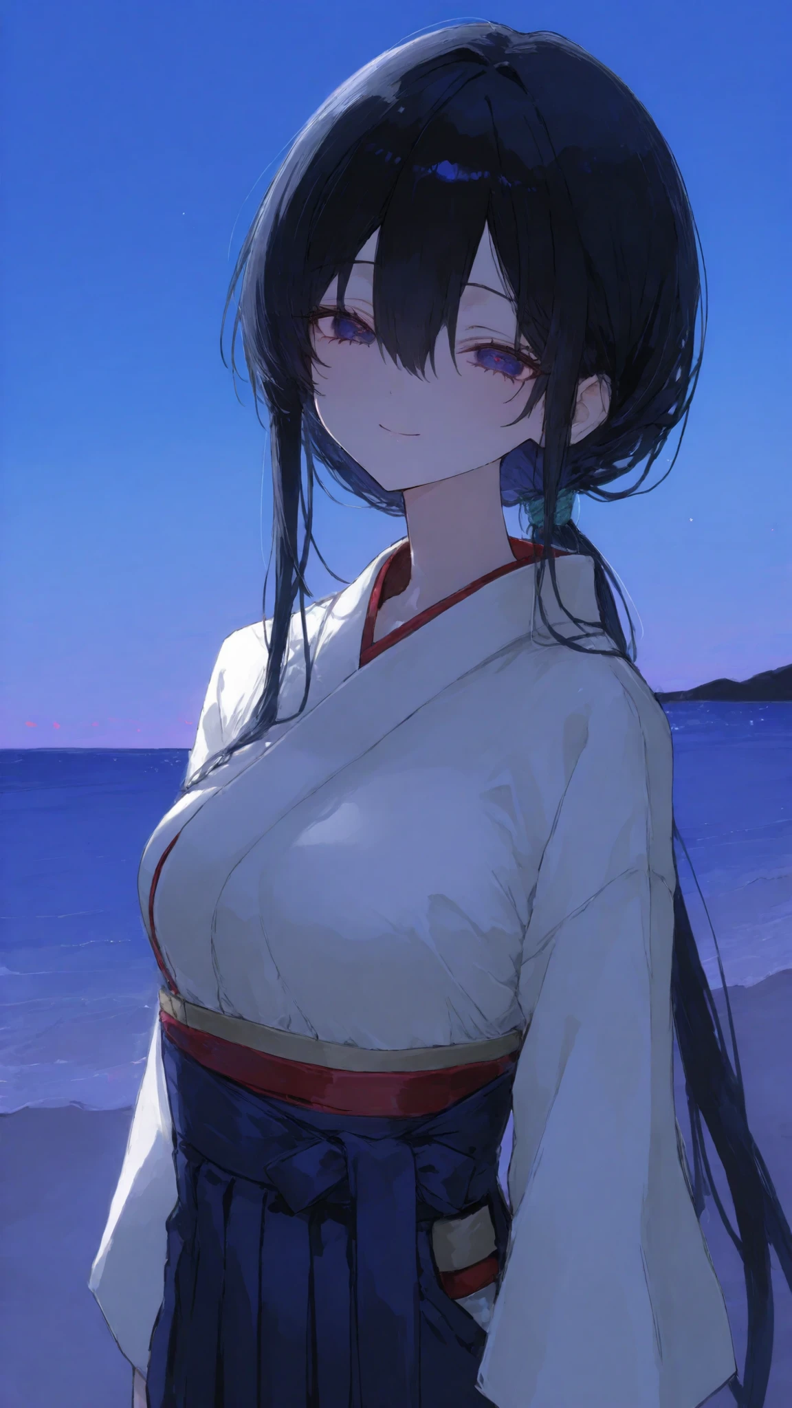 girl,black hair,long hair, dark blue eyes,hair between eye,long hair,black hair , smile,sky, High tied ponytail, standing, Middle breasts,kimonoสีขาว, Hakama,slim,kimono,top-ponytail ,big round eyes, upper body shape, at night ,beach