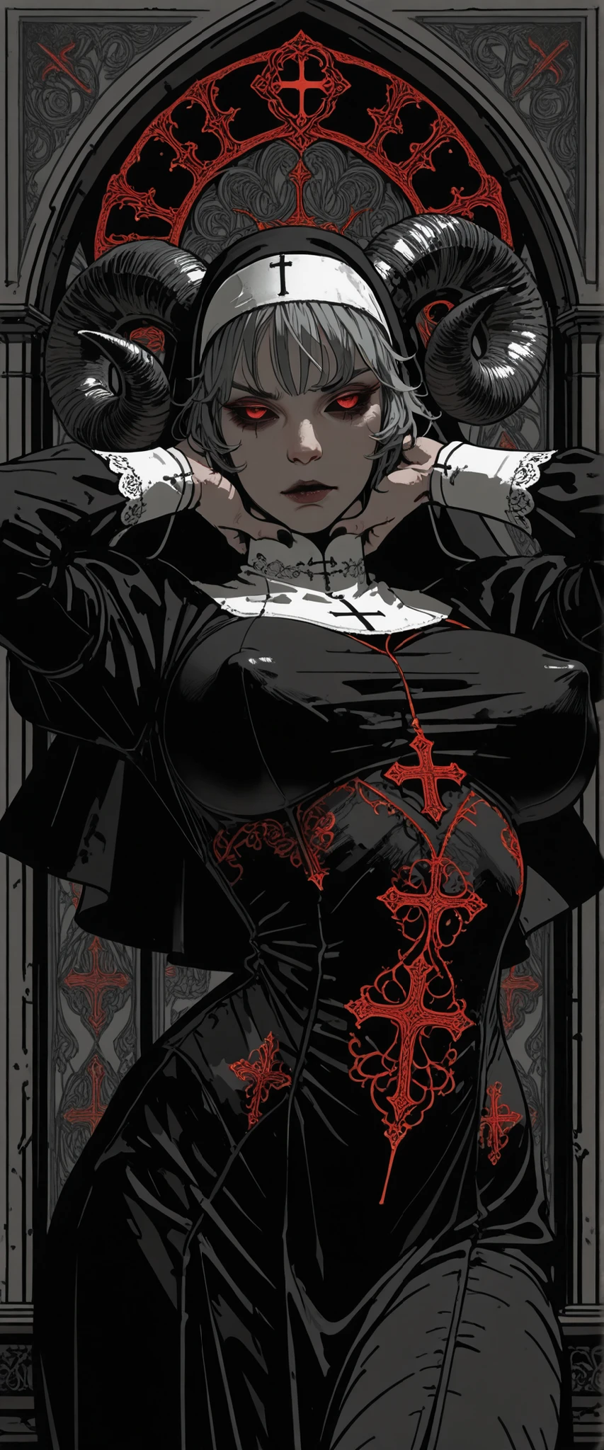 solo, red eyes, black sclera, big breasts, erect nipples, nun, nun outfit, (sheep horns:1.4), dynamic pose, cowboy shot, intricate embroidery, intricate lacework, intricate details, flat colors:1.3, sketch:1.4, ((stylized in black and red and gray)), gothic noir, poster, hands on throat