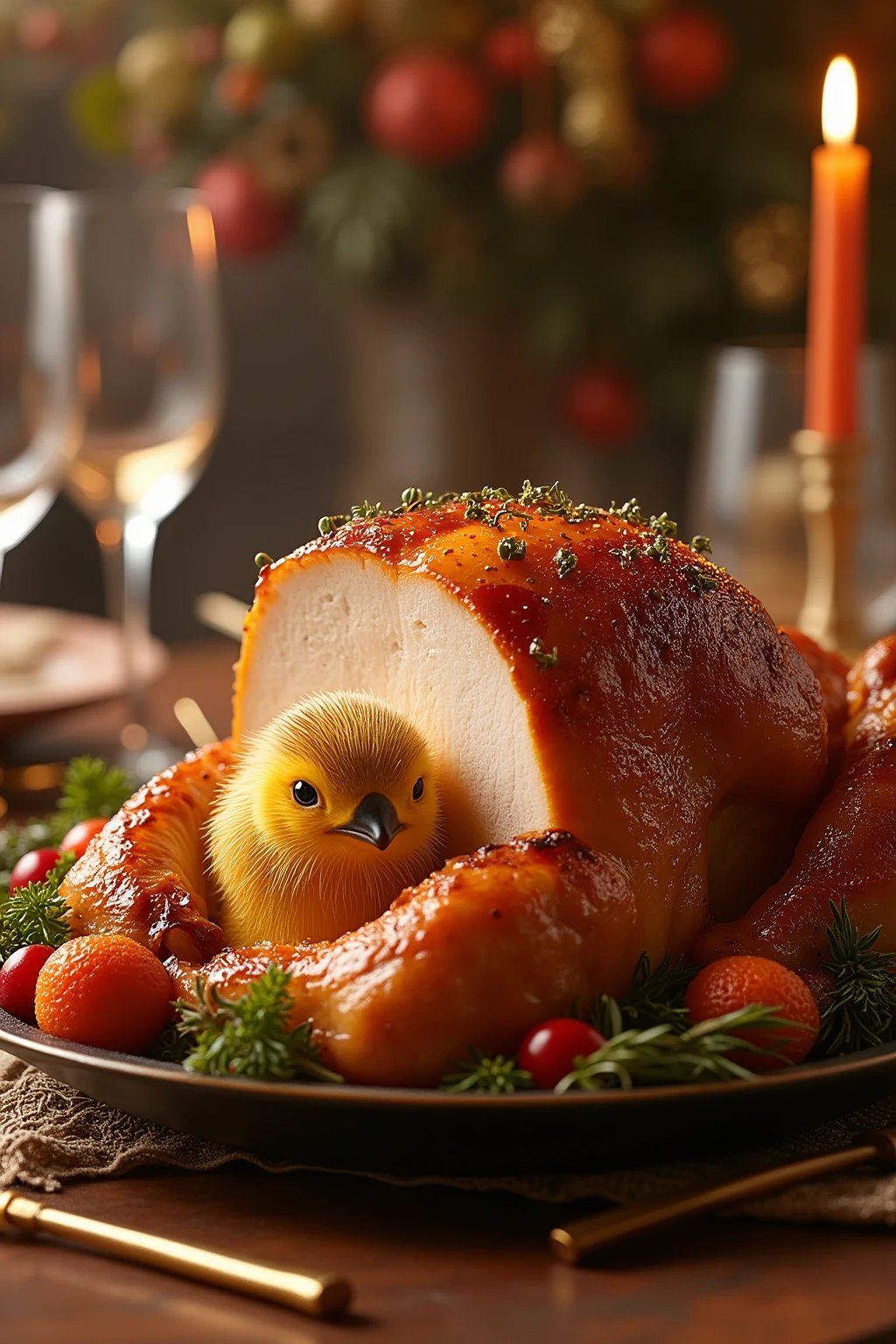Prompt:
A stunning masterpiece ultra-photorealistic Thanksgiving feast — a luxurious super fancy dinner table styled for the holiday, crystal glassware, golden cutlery, rich autumn décor, soft elegant lighting. Centerpiece: a perfectly fresh grilled turkey, beautifully roasted, with a surprising twist — a small adorable turkey poult snuggled inside the carved cavity, the poult glowing with a magical sunlight-yellow hue, symbolizing new life and warmth. Steam rising realistically from the food, detailed textures of crispy skin, garnishes of herbs and cranberries, cinematic depth of field, 8K clarity, hyper-detailed food photography style, warm festive atmosphere, premium composition