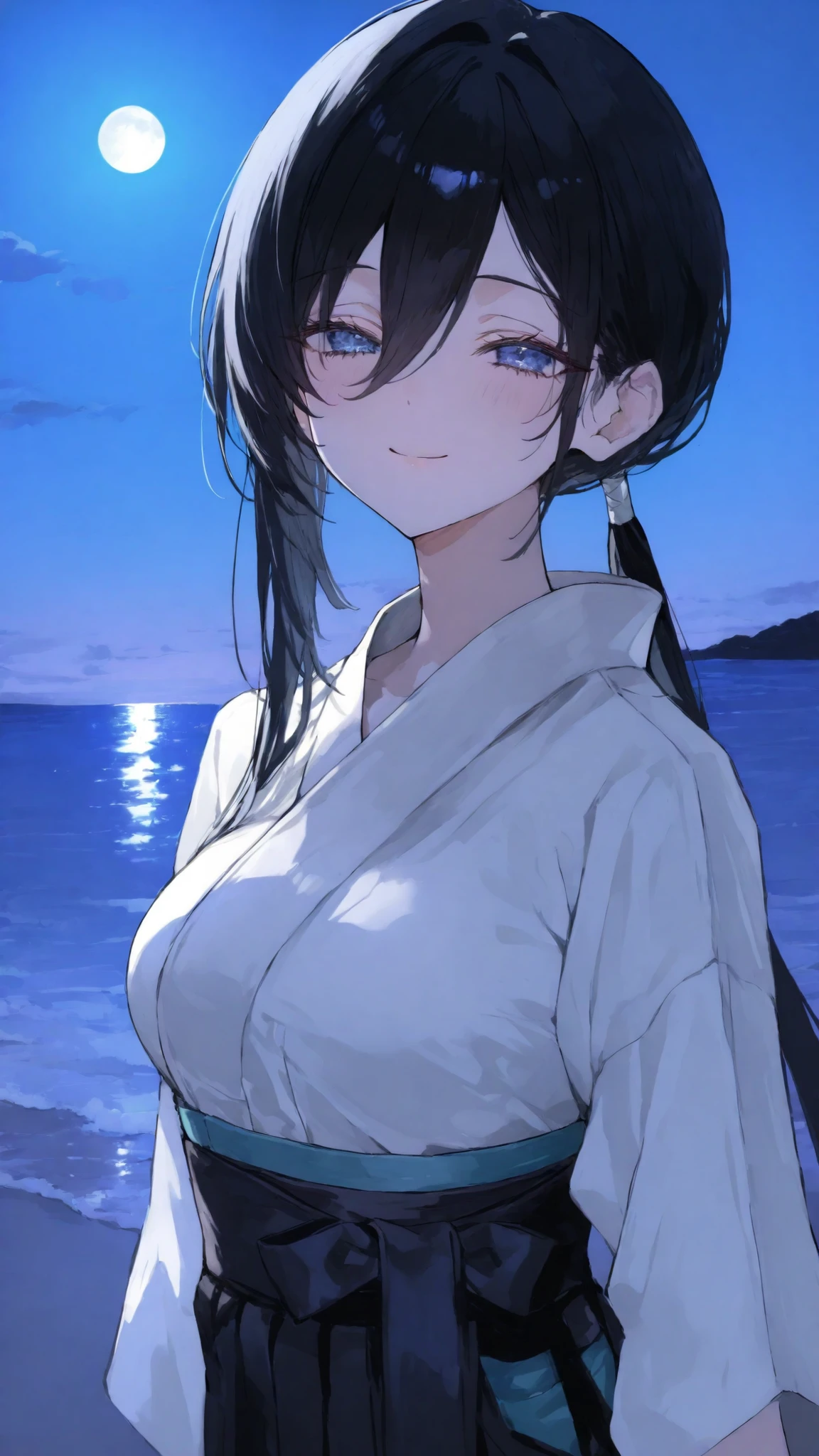 girl,black hair,long hair, blue eyes,hair between eye,long hair,black hair , smile,sky, High tied ponytail, standing, Middle breasts,kimonoสีขาว, Hakama,slim,kimono,top-ponytail ,big round eyes, upper body shape, at night ,beach, masterpiece , black Hakama, Moon , mullet hair