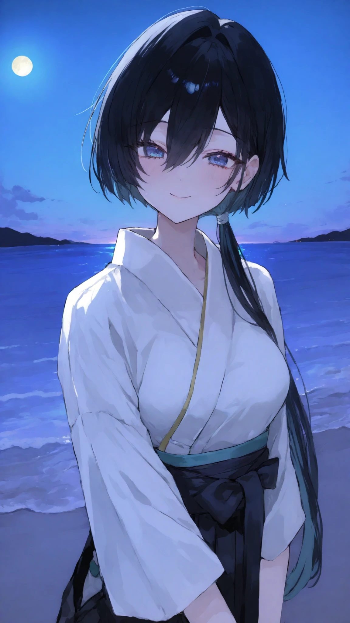 girl,black hair,long hair, blue eyes,hair between eye,long hair,black hair , smile,sky, High tied ponytail, standing, Middle breasts,kimonoสีขาว, Hakama,slim,kimono,top-ponytail ,big round eyes, upper body shape, at night ,beach, masterpiece , black Hakama, Moon , mullet hair