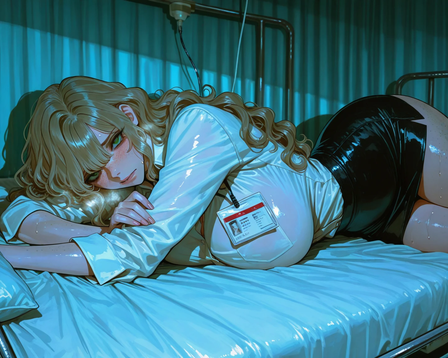 ((A young woman sleeping in a hospital bed)) Full body photo, red blood stained on clothes, eyes closed, head tilted, (bleeding from the corners of the eyes bloodshot red liquid), pale, thin body, miserable, seriously ill, dead. ((bleeding from the corners of the mouth)). Sad pictures, sci-fi lights, movie lights, hospital beds. Mess