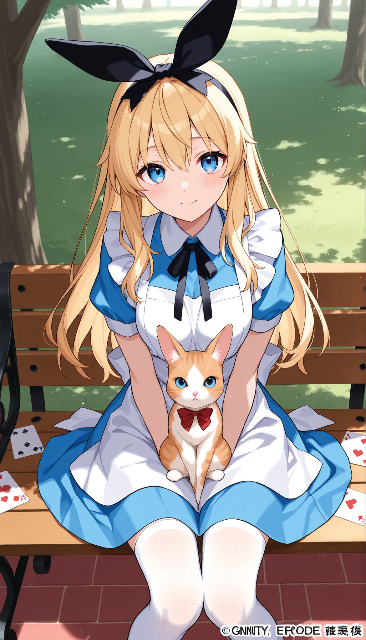Close up of a person sitting on a bench with a cat,(Official Art、top quality、unity 8k 壁紙、32K、masterpiece、very detailed、Ultra High Definition)、great、((Alice in Wonderland))、Blonde、tie your hair with a ribbon、blue eye color do two people see、blue apron dress、White Sox、Playing Cards、Rabbit