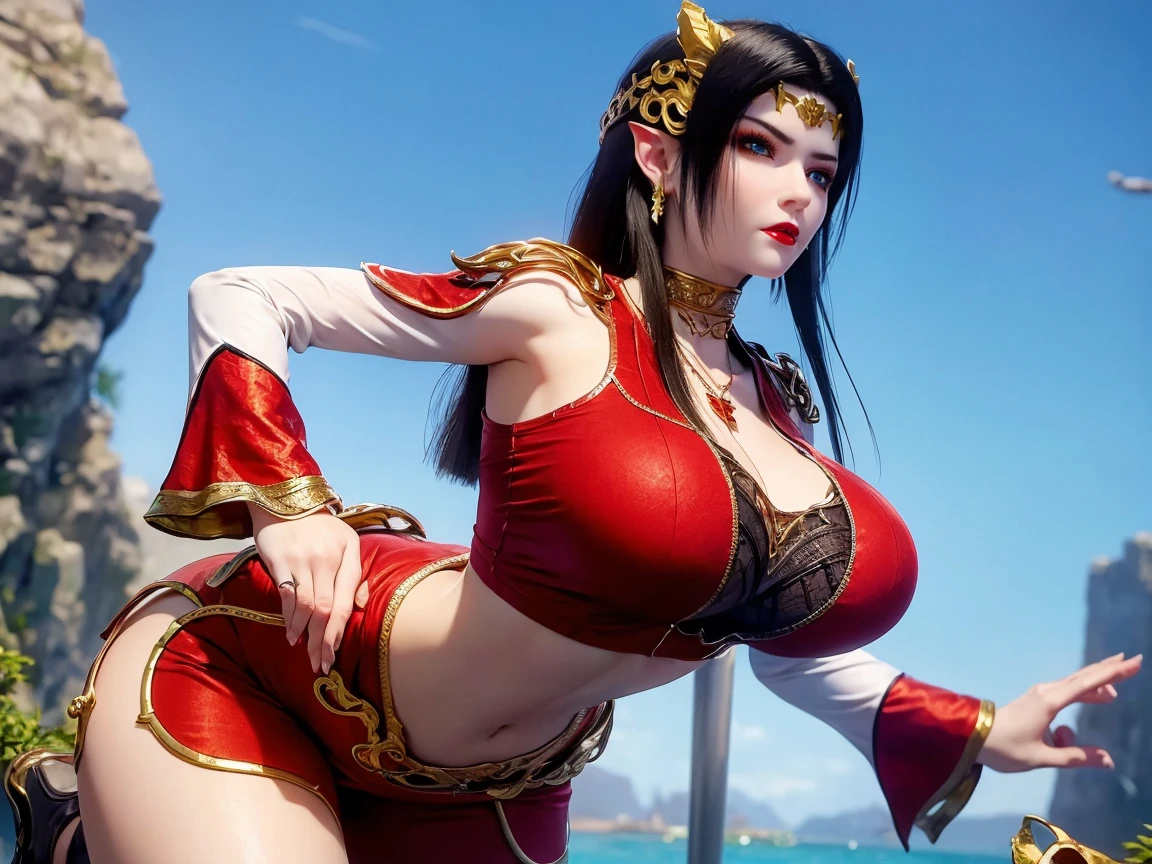 A woman in a ?????? sits on a boat holding a sword, a beautiful fantasy empress, Japanese goddess, Irelia from League of Legends, realistic ??????, cinematic goddess body shot, yoko matsugane as mai shiranui, Anime goddess, ne zha from smite, hot fire goddess, trending on cgstation, beautiful and seductive anime woman