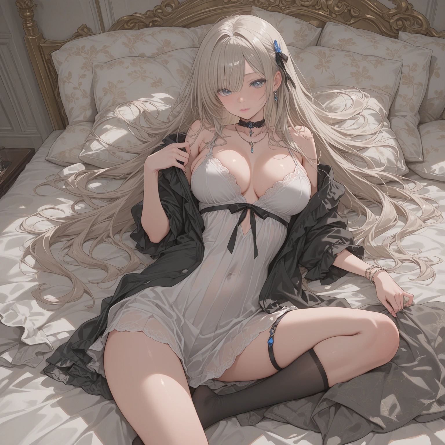 tmasterpiece, high high quality, A high resolution, Alone,Girl with light white hair ，Braid details (Colossal tits,  is very obvious, The  contour is pronounced, Wet white bikini, Sweating profusely, -legged，Lie down in bed，Lying position， suggestive liquid) Female bed, unkempt, cosmetics, to express happiness, keen vision, lie, from the above,（(legs are open)） Both thighs thick, Open Mouth and Screaming, The head is tilted back, eyes closed tight，Pretend to sleep, shaggy, Heavy breathing, expression of anguish, Reddening cheeks, staging，Light white fishnet stockings wrap the thighs