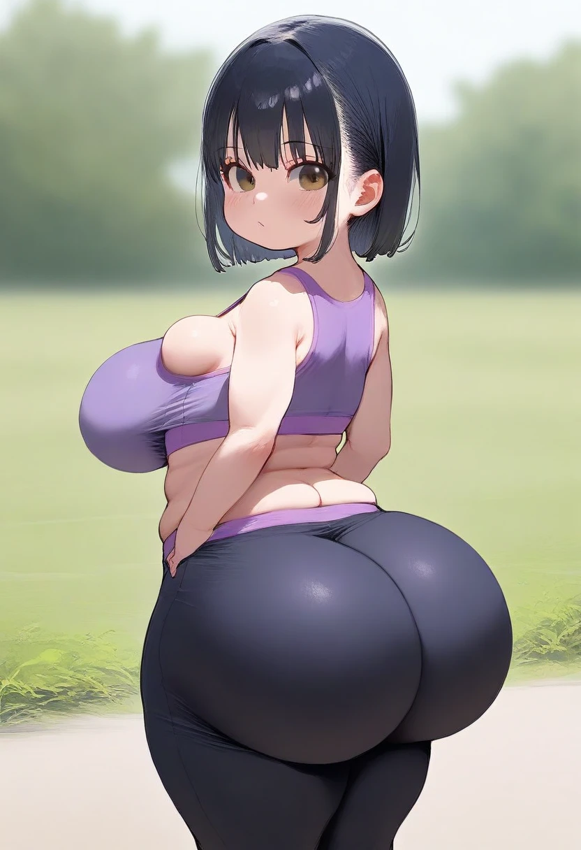 <lora:widehipsv3:0.6>, wide , outdoors, pantylines, yoga pants, purple pants, sports bra, , smile, lips, blue eyes, bob cut, hairband, blunt bangs, mountain