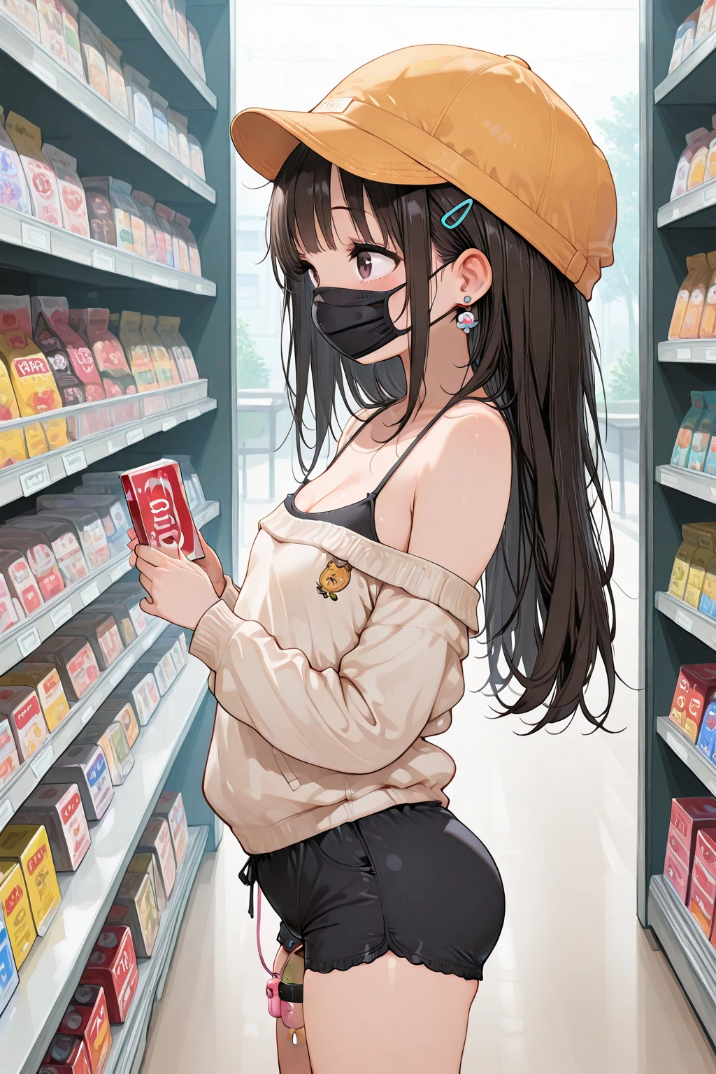 Hucow girl holding a big milk carton, masterpiece, candid photo, shy, short brown hair, big eyes, (detailed face), curvy, gigantic enormous breasts, two symmetrical horns, white (tight shirt), crop top, cute open (cow pattern) jacket, choker with bell, (in a colorful supermarket), mature female, thick thighs, earrings, high detail, ultra-detailed, retro, [big lipaster piece, best quality, face portrait