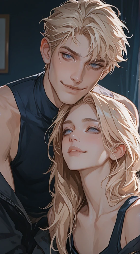 Animated realistic digital illustration of beautiful blonde girl mesmerizing blue eyes and loose straight hair and handsome black hair boy and amber eyes looking at her 