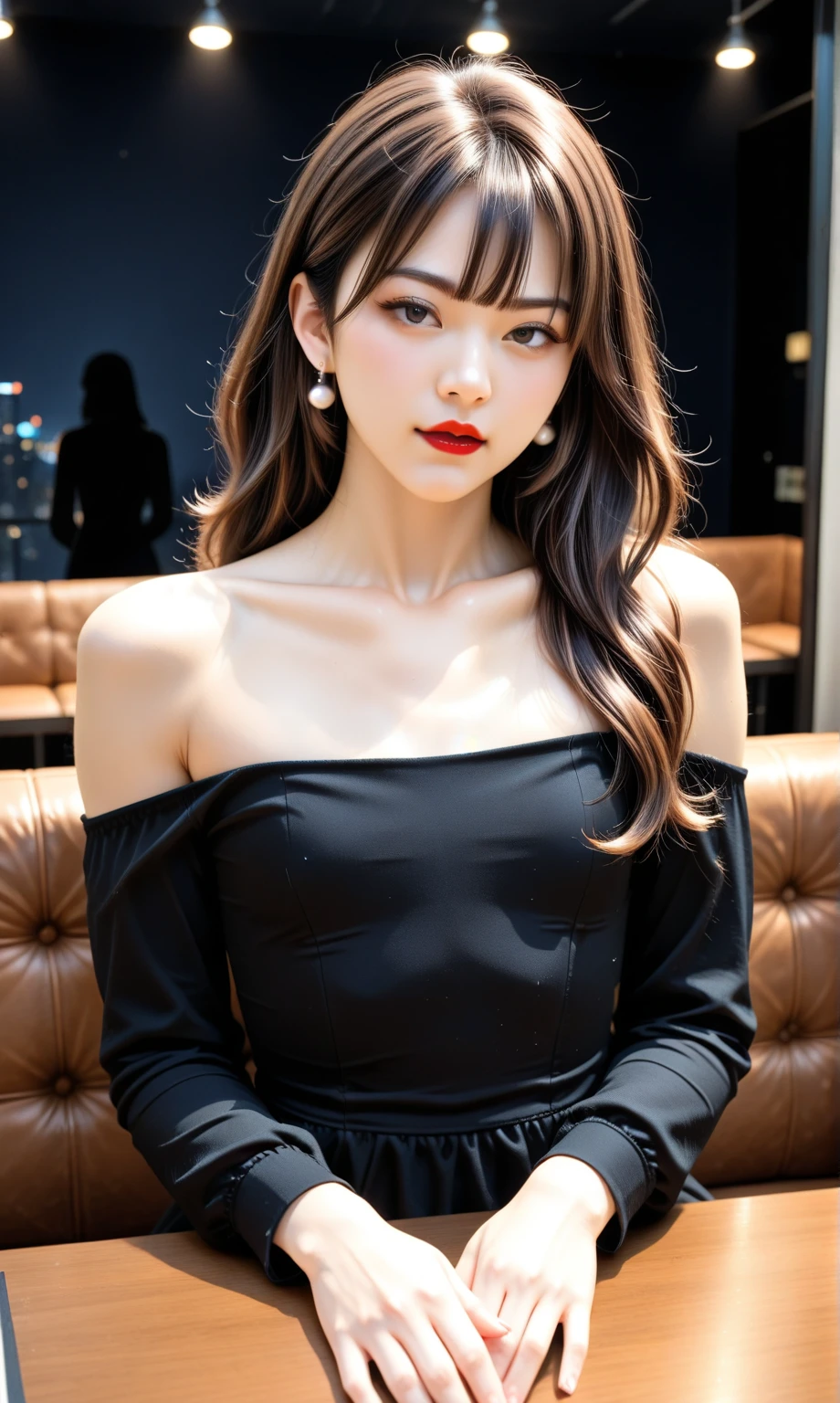 A woman in a black dress standing in front of a counter - SeaArt AI