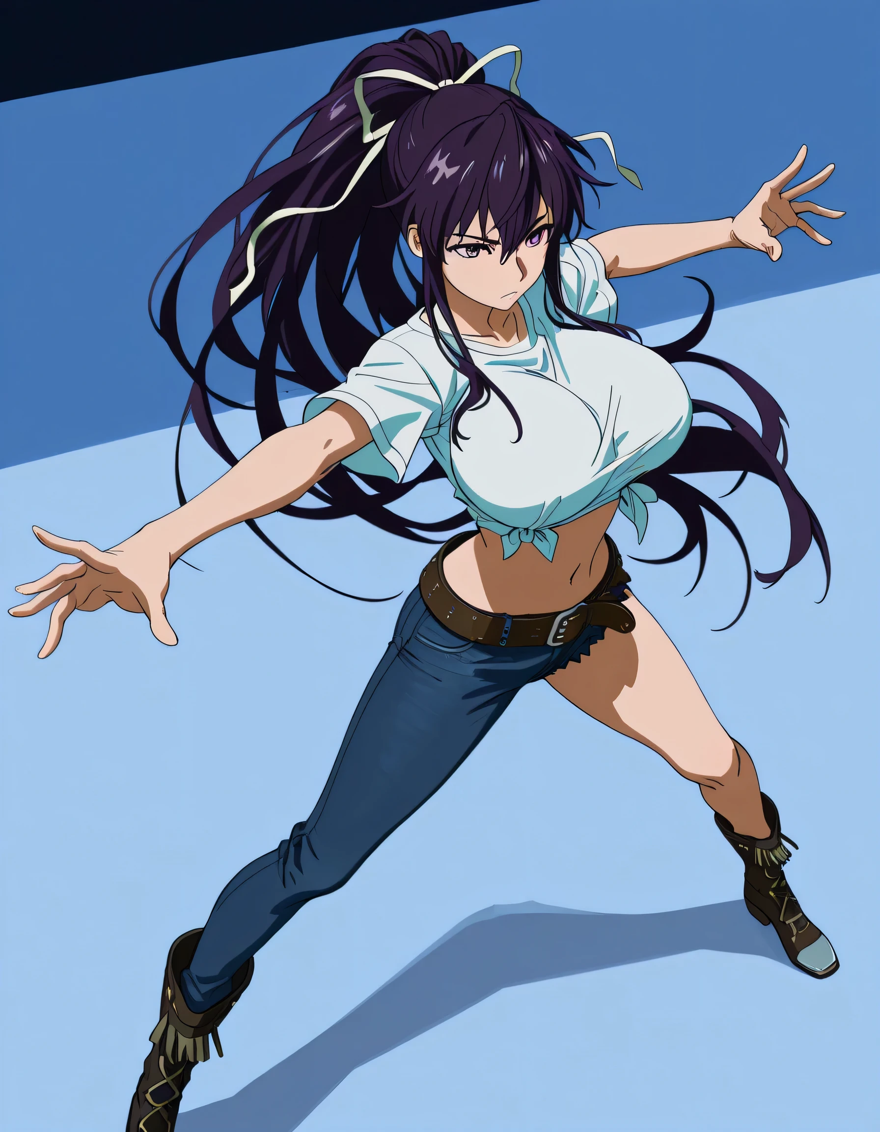 masterpiece masterpiece, ultra-HD, impressionism, high detail, best quality, very aesthetic, 8k, best quality, beautiful, anime coloring , score_9, score_8_up, score_7_up, score_6_up, score_5_up, score_4_up , Kaori Kanzaki , purple eyes , long hair , ribbon ,  , asymmetrical clothes , short white T-shirt , knot at shirt bottom , ponytail , very long hair , tied shirt , belt , denim , navel , long legs , boots , attractive body , open arms , stance , fully body , from above , railways background 