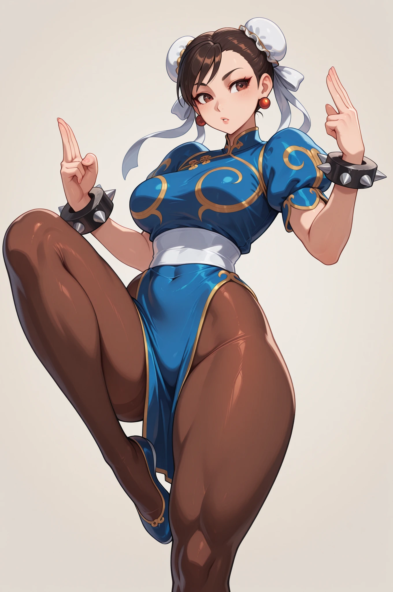 score_9, score_8_up,score_7_up, source_anime, 1girl, solo, EPpkNessa, blue eyes, black hair, blue hair, streaked hair, single hair bun, dark skin, dark-skinned female, china dress, fighting stance, chinese clothes, breasts, black belt, smile, pink background, simple background, thigh strap, thighs, leg up, closed mouth, purple dress, floral print, side slit, standing, high kick, thong,