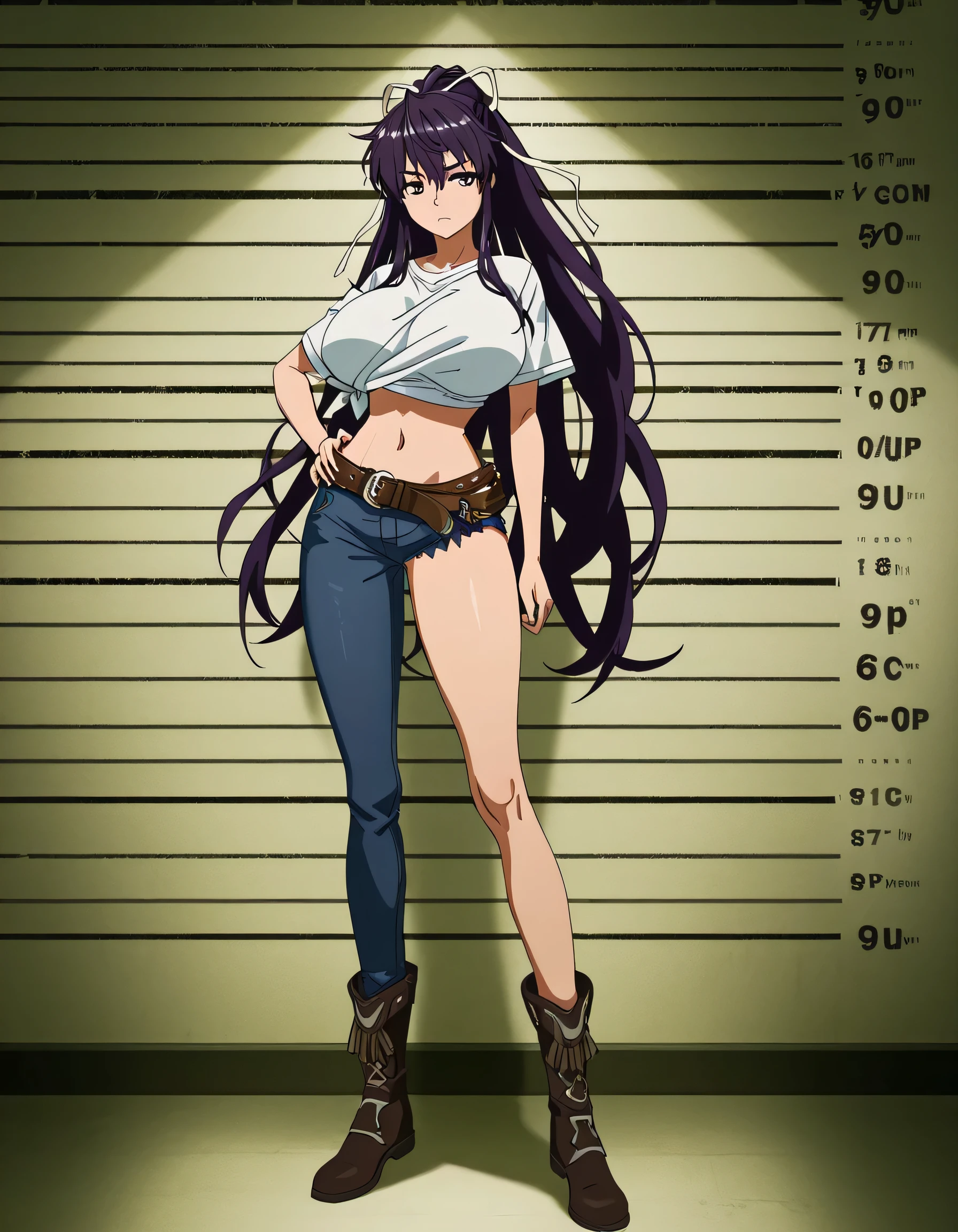 masterpiece masterpiece, ultra-HD, impressionism, high detail, best quality, very aesthetic, 8k, best quality, beautiful, anime coloring , score_9, score_8_up, score_7_up, score_6_up, score_5_up, score_4_up , Kaori Kanzaki , purple eyes , long hair , ribbon , , asymmetrical clothes , short white T-shirt , knot at shirt bottom , ponytail , very long hair , tied shirt , belt , denim , navel , long legs , boots , attractive body , hand on hip , fully body , mugshot room background