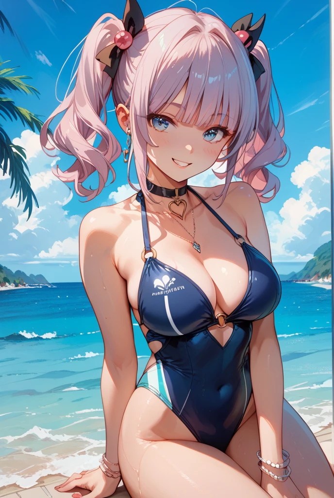 A pink haired woman with violet eyes with an hourglass figure in a bikini is splashing around in the water