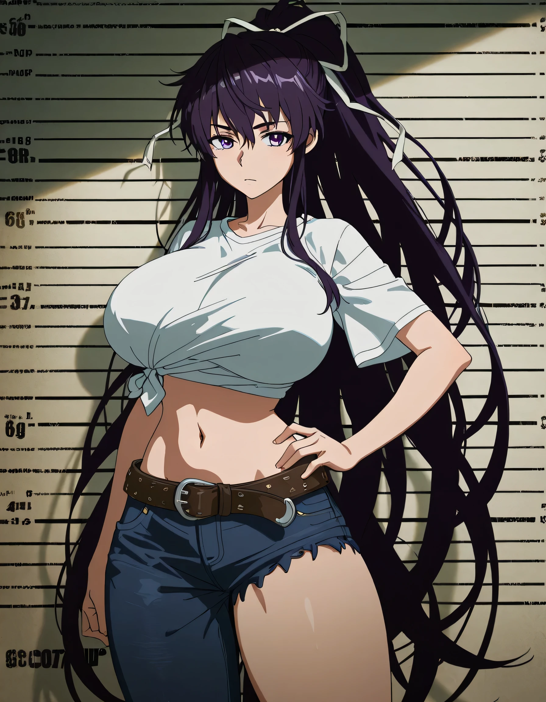 masterpiece masterpiece, ultra-HD, impressionism, high detail, best quality, very aesthetic, 8k, best quality, beautiful, anime coloring , score_9, score_8_up, score_7_up, score_6_up, score_5_up, score_4_up , Kaori Kanzaki , purple eyes , long hair , ribbon ,  , asymmetrical clothes , short white T-shirt , knot at shirt bottom , ponytail , very long hair , tied shirt , belt , denim , navel , longattractive body , thighs , hand on hip , mugshot room  background 