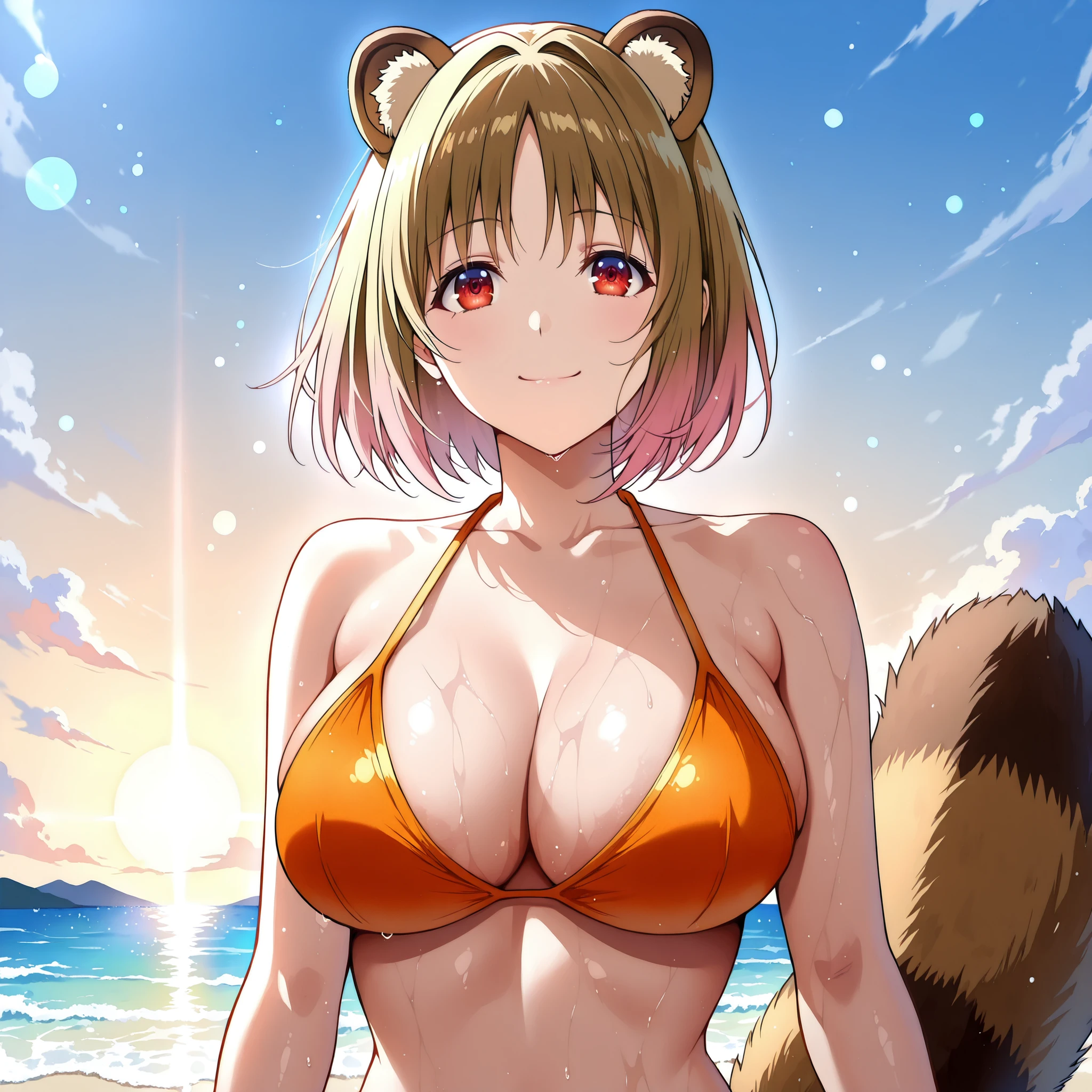 Kikyou Kushida, cabello marrón corto, sonrisa petulante, red eyes glowing softly, raccoon ears and a fluffy tail in the same warm brown tone. Slender body with a voluptuous silhouette, wearing a orange bikini with delicate pink highlights. She strides boldly along a moonlit tropical beach, the crystal ocean behind her shining like glass. Her smile is confident and quietly mischievous. Her wet skin glows with subtle bluish highlights; the air around her is thick with humidity, soft drifting haze, and tiny luminous particles. Ultra-detailed anime art, cinematic lighting, hyper-polished rendering, full-body 4K image, masterpiece-level quality, highly realistic wet-skin effects.
