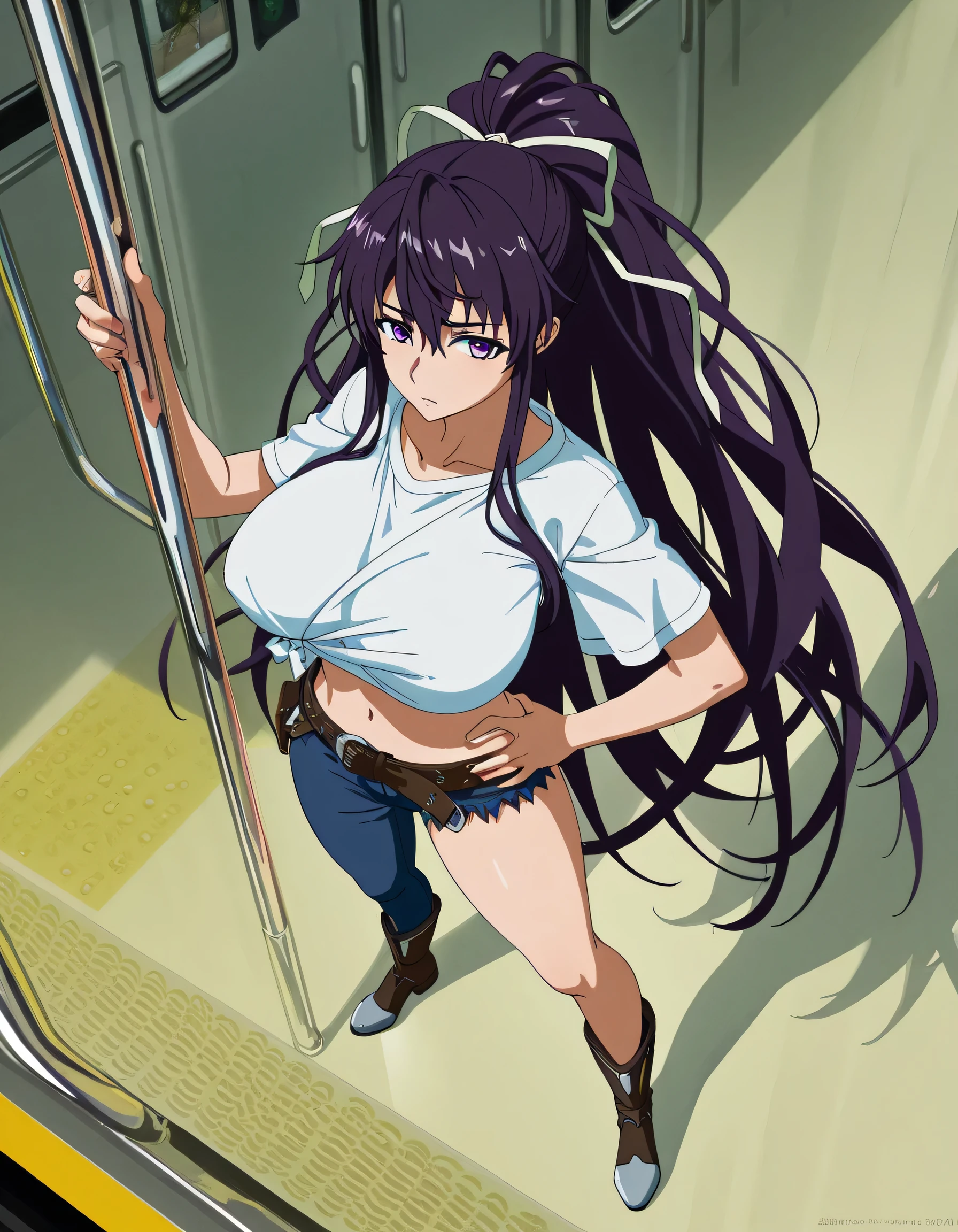 masterpiece masterpiece, ultra-HD, impressionism, high detail, best quality, very aesthetic, 8k, best quality, beautiful, anime coloring , score_9, score_8_up, score_7_up, score_6_up, score_5_up, score_4_up , Kaori Kanzaki , purple eyes , long hair , ribbon , , asymmetrical clothes , short white T-shirt , knot at shirt bottom , ponytail , very long hair , tied shirt , belt , denim , navel , long legs , boots , attractive body , hand on hip , fully body , from above , on train background