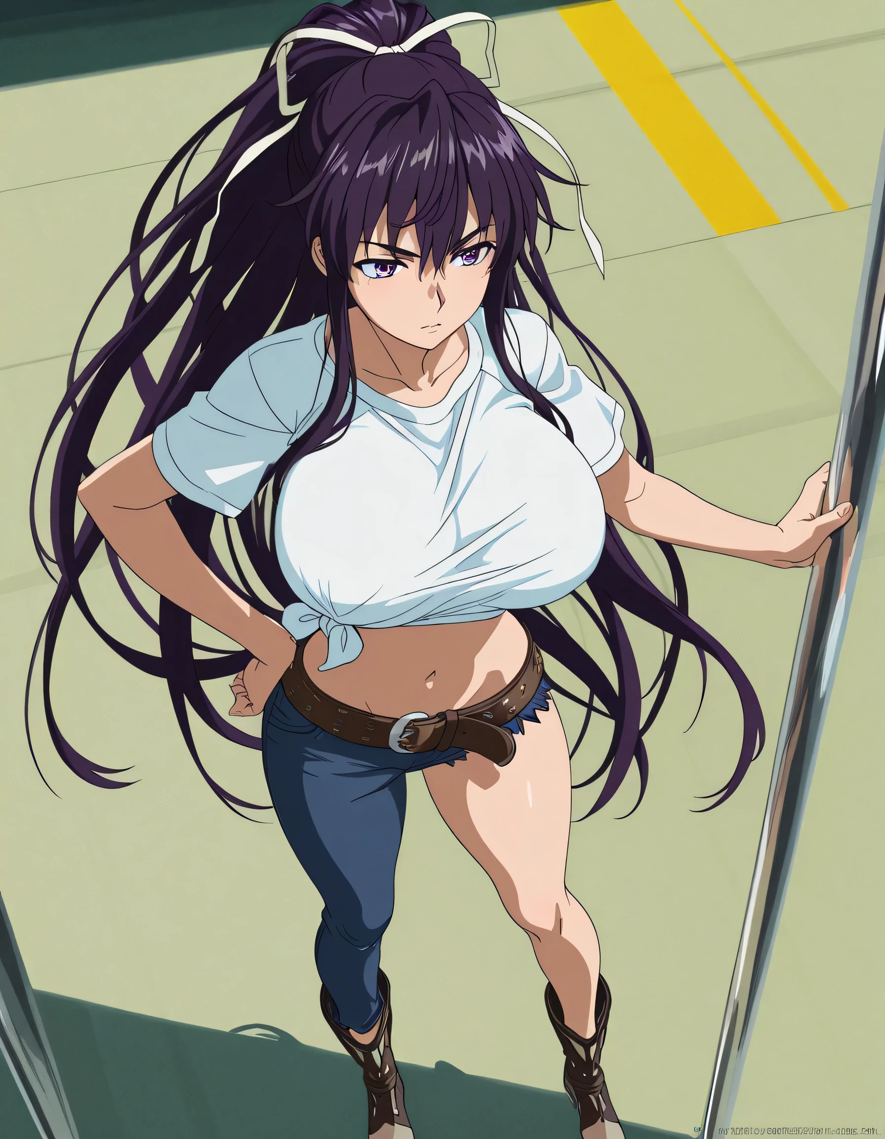 masterpiece masterpiece, ultra-HD, impressionism, high detail, best quality, very aesthetic, 8k, best quality, beautiful, anime coloring , Kaori Kanzaki , purple eyes , long hair , ribbon ,  , asymmetrical clothes , short white T-shirt , knot at shirt bottom , ponytail , very long hair , tied shirt , belt , denim , navel , long legs , boots , attractive body , hand on hip , fully body , from above , railways background 