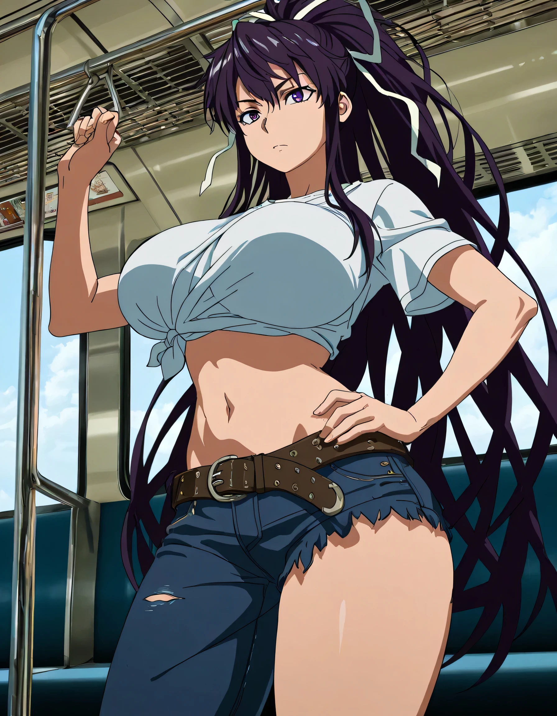 masterpiece masterpiece, ultra-HD, impressionism, high detail, best quality, very aesthetic, 8k, best quality, beautiful, anime coloring , score_9, score_8_up, score_7_up, score_6_up, score_5_up, score_4_up , Kaori Kanzaki , purple eyes , long hair , ribbon , , asymmetrical clothes , short white T-shirt , knot at shirt bottom , ponytail , very long hair , tied shirt , belt , denim , navel , attractive body , hand on hip , on train