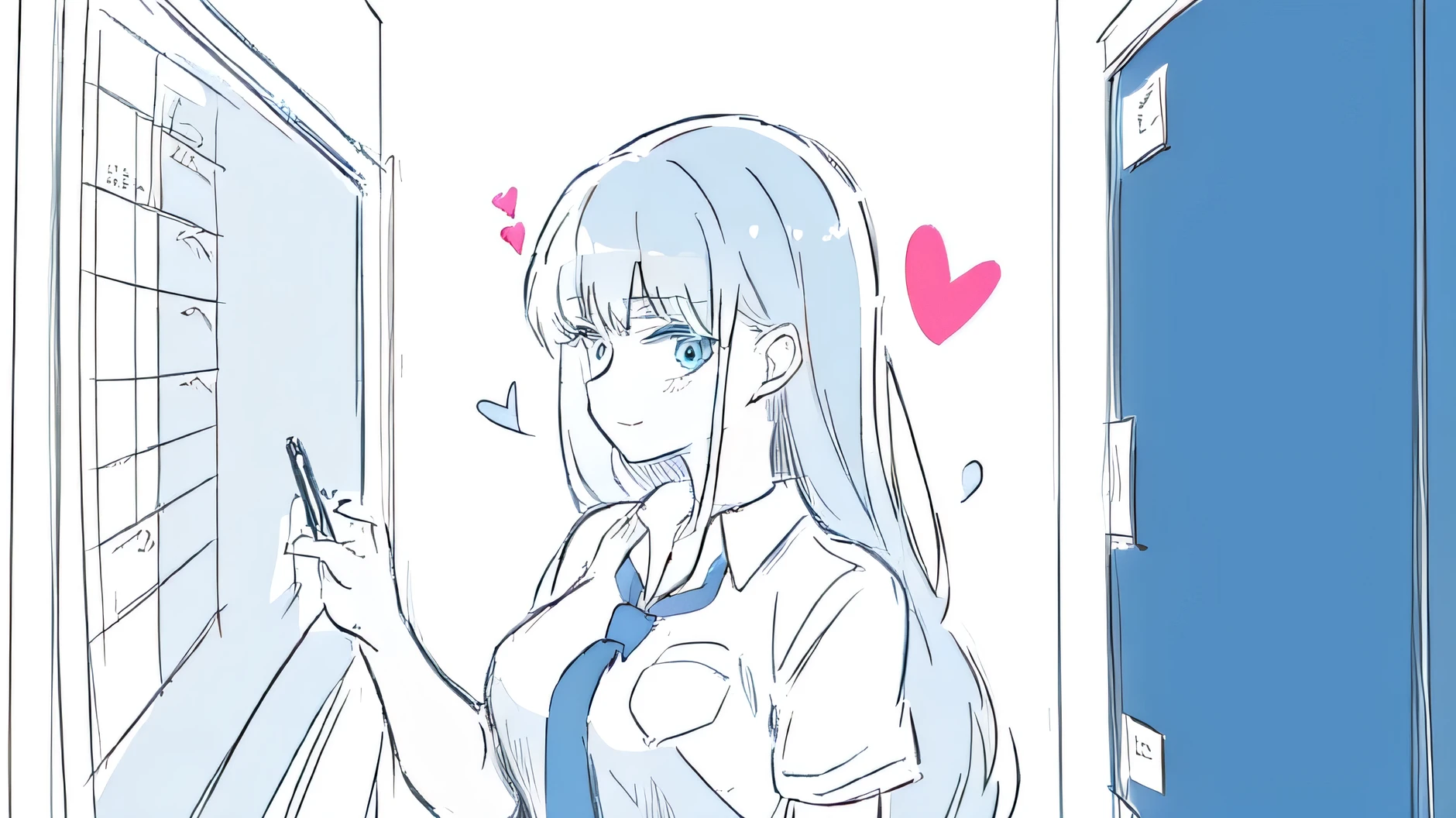 1 girl ,20s,Adult, white shirt ,Short sleeve,( black standard tie),White School Dress,(dark blue hair)(long hair)(Royal sister),pretty woman,Hardworking and responsible, Polite ,quietly looking at the camera,, a heart-warming, finger-friendly whiteboard,Then there's a whiteboard in the back。