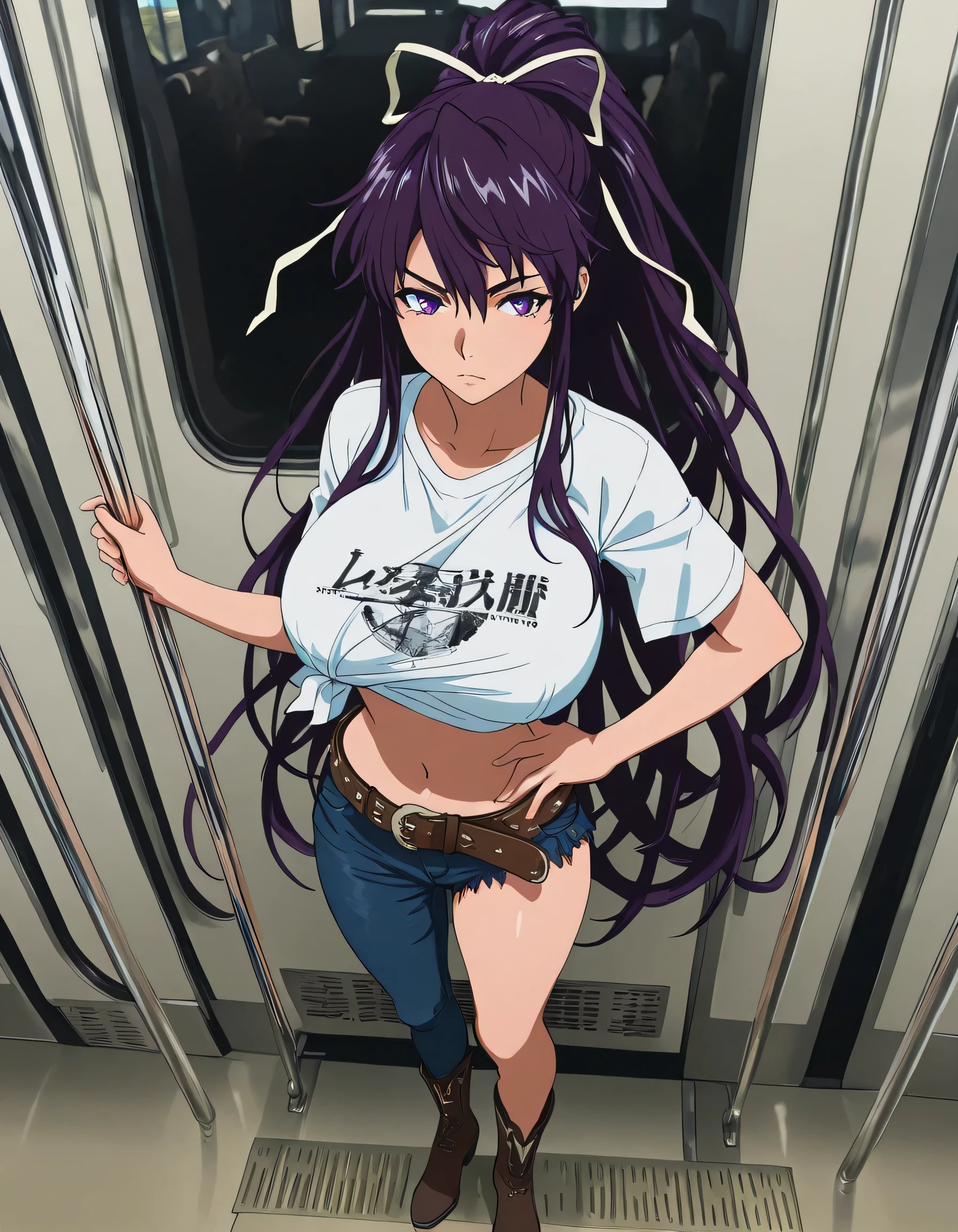 masterpiece masterpiece, ultra-HD, impressionism, high detail, best quality, very aesthetic, 8k, best quality, beautiful, anime coloring , Kaori Kanzaki , purple eyes , long hair , ribbon , , asymmetrical clothes , short white T-shirt , knot at shirt bottom , ponytail , very long hair , tied shirt , belt , denim , navel , long legs , boots , attractive body , hand on hip , fully body , from above , on train background