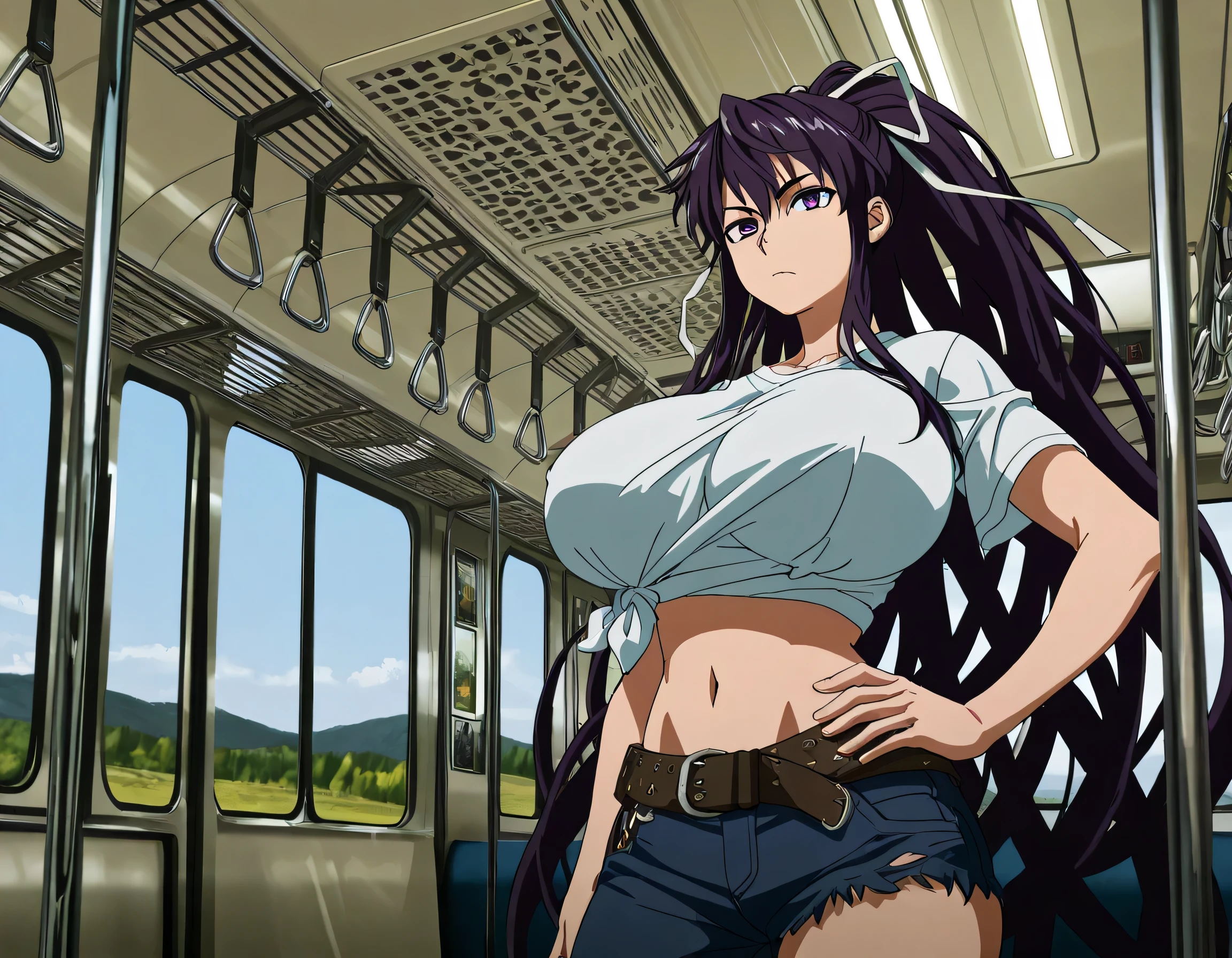 masterpiece masterpiece, ultra-HD, impressionism, high detail, best quality, very aesthetic, 8k, best quality, beautiful, anime coloring , score_9, score_8_up, score_7_up, score_6_up, score_5_up, score_4_up , Kaori Kanzaki , purple eyes , long hair , ribbon , , asymmetrical clothes , short white T-shirt , knot at shirt bottom , ponytail , very long hair , tied shirt , belt , denim , navel , attractive body , hand on hip , on train