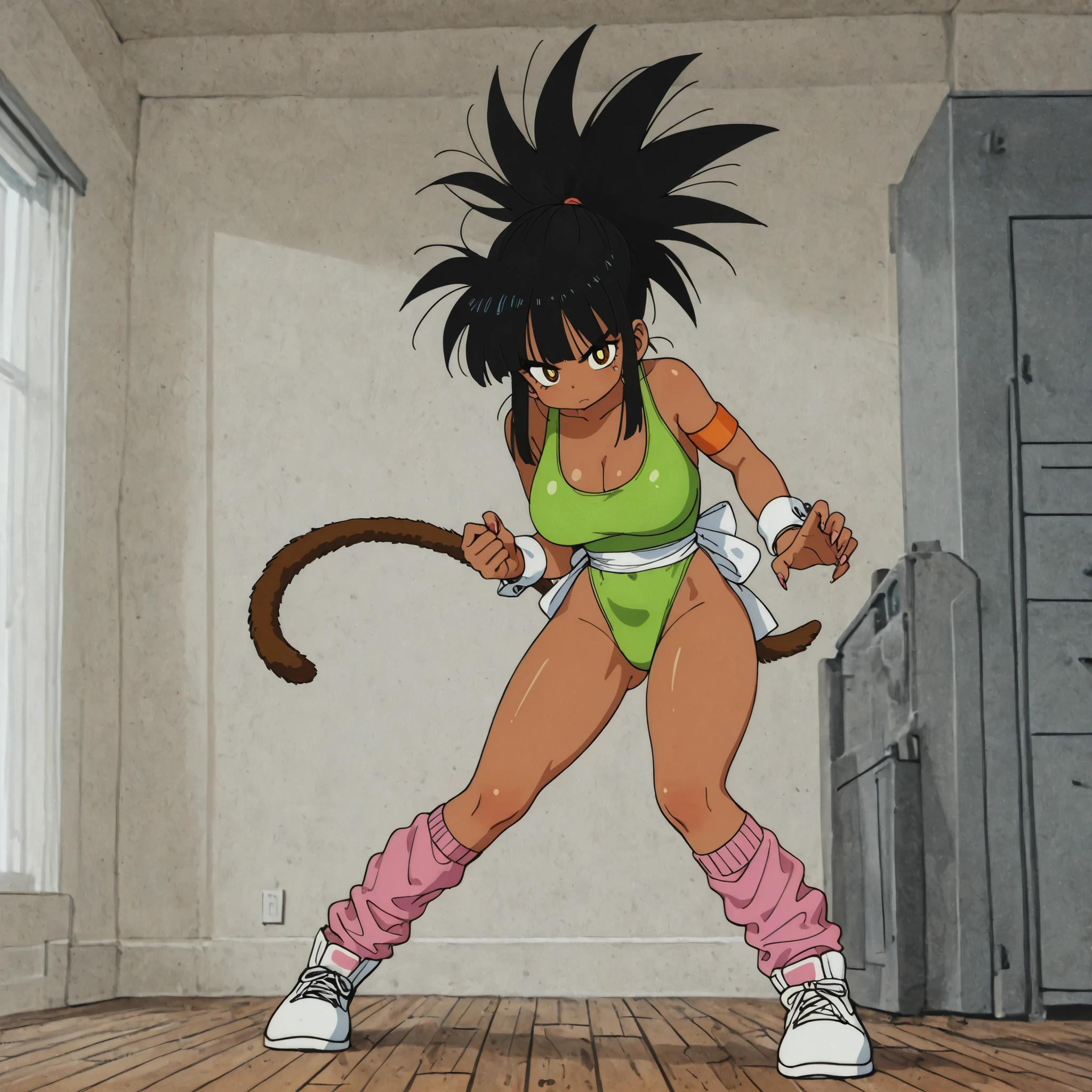toon (style),drgbls1, masterpiece, best quality, amazing quality, (score_9, score_8_up, score_7_up), 8K, 1girl, tomboyish, adult, dark skin, black hair, spiky hair, spiked hair, spiked bangs, long ponytail, fluffy pony tail, waist-long ponytail, monkey tail wrapped around waist, yellow pupils, lime leotard, skin-tight leotard, hot pink socks, loose socks, white cuffs, white boots, armband, curvy body, athletic body, fit, good anatomy, sexy, large tits, wide hips, long legs, fingernails, large chest, long nails, sharp nails, detailed nails, beautiful face, gorgeous face, volumetric lighting, depth of field, amazing quality, beautiful textures, detailed background, indoors