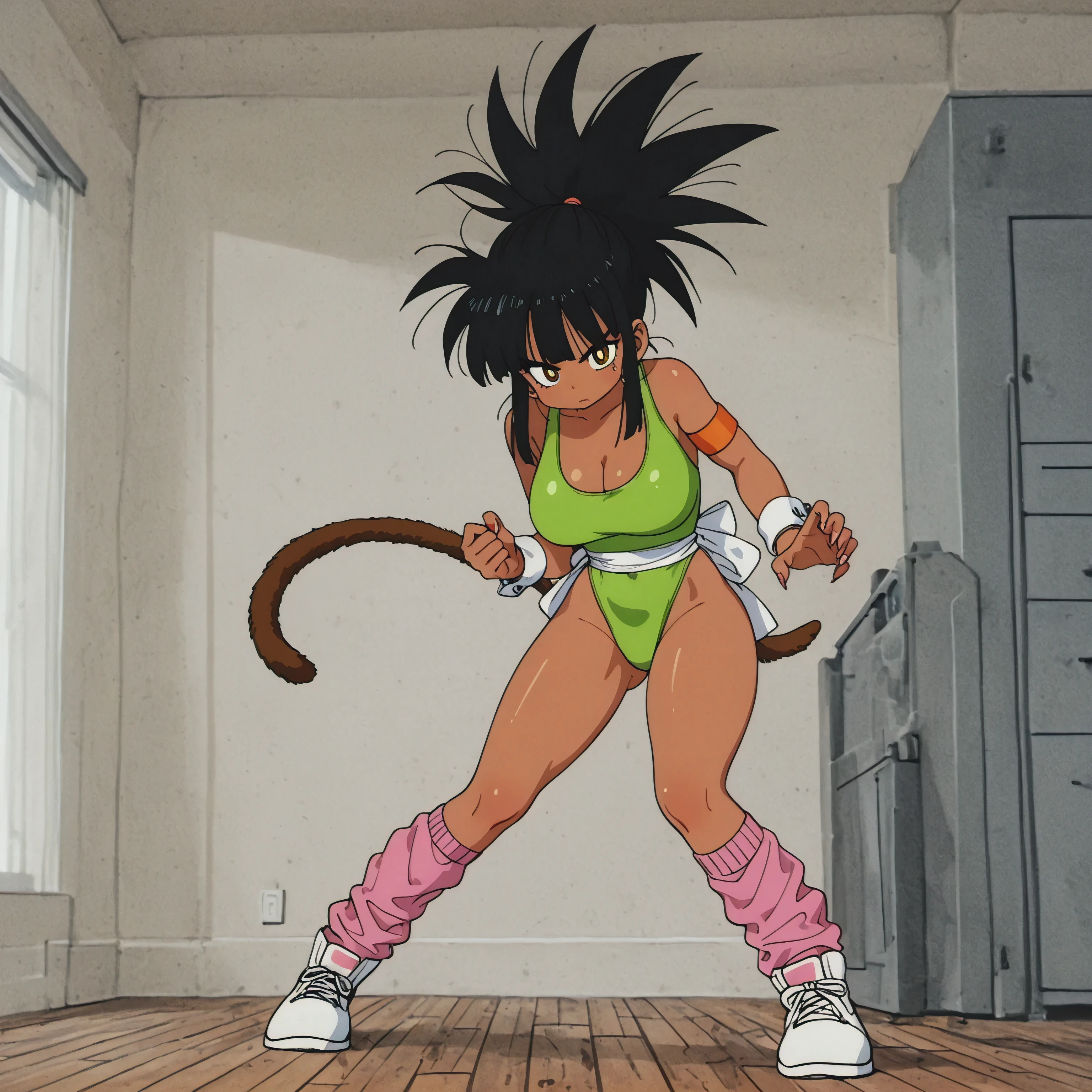 toon (style),drgbls1, masterpiece, best quality, amazing quality, (score_9, score_8_up, score_7_up), 8K, 1girl, tomboyish, adult, dark skin, black hair, spiky hair, spiked hair, spiked bangs, long ponytail, fluffy pony tail, waist-long ponytail, monkey tail wrapped around waist, yellow pupils, lime leotard, skin-tight leotard, hot pink socks, loose socks, white cuffs, white boots, armband, curvy body, athletic body, fit, good anatomy, sexy, large tits, wide hips, long legs, fingernails, large chest, long nails, sharp nails, detailed nails, beautiful face, gorgeous face, volumetric lighting, depth of field, amazing quality, beautiful textures, detailed background, indoors