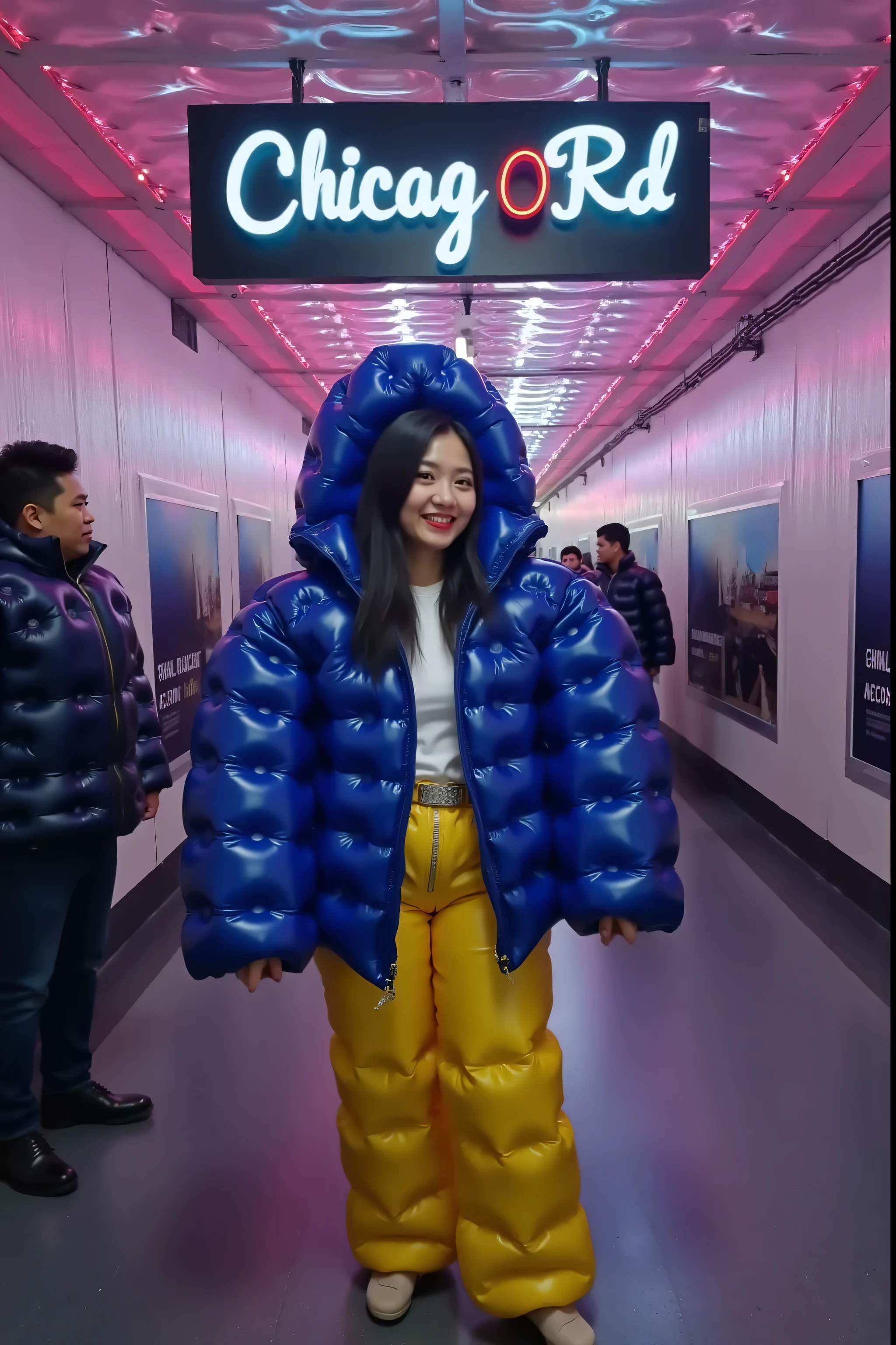 a 3d high definition photograph taken inside of a neon covered hallway underground with advertising banners on the walls, a sign on the wall says "ChicagORD" in printed white and black letters that reflect the lights of the neon in the ceiling, the ceiling has wavy colored neon, the ceiling is 3 dimensional, theres is a 39 year old asian woman, the woman is thin tall and has long black hair, the woman has porcelain white skin that is flawless, the woman has rosy cheek blush, the woman wears bright red lipstick, the woman holds a mobile device in selfie position, the woman is wearing a blue shiny polished vinyl inflatable plasticinflcoat, the woman is wearing yellow inflatable pants, the woman wears a bright shiny silver belt, the jacket has an inflatable hood, the woman is smiling to the camera, there are few other people in the hall wearing formal clothing and casual clothing, airport underground