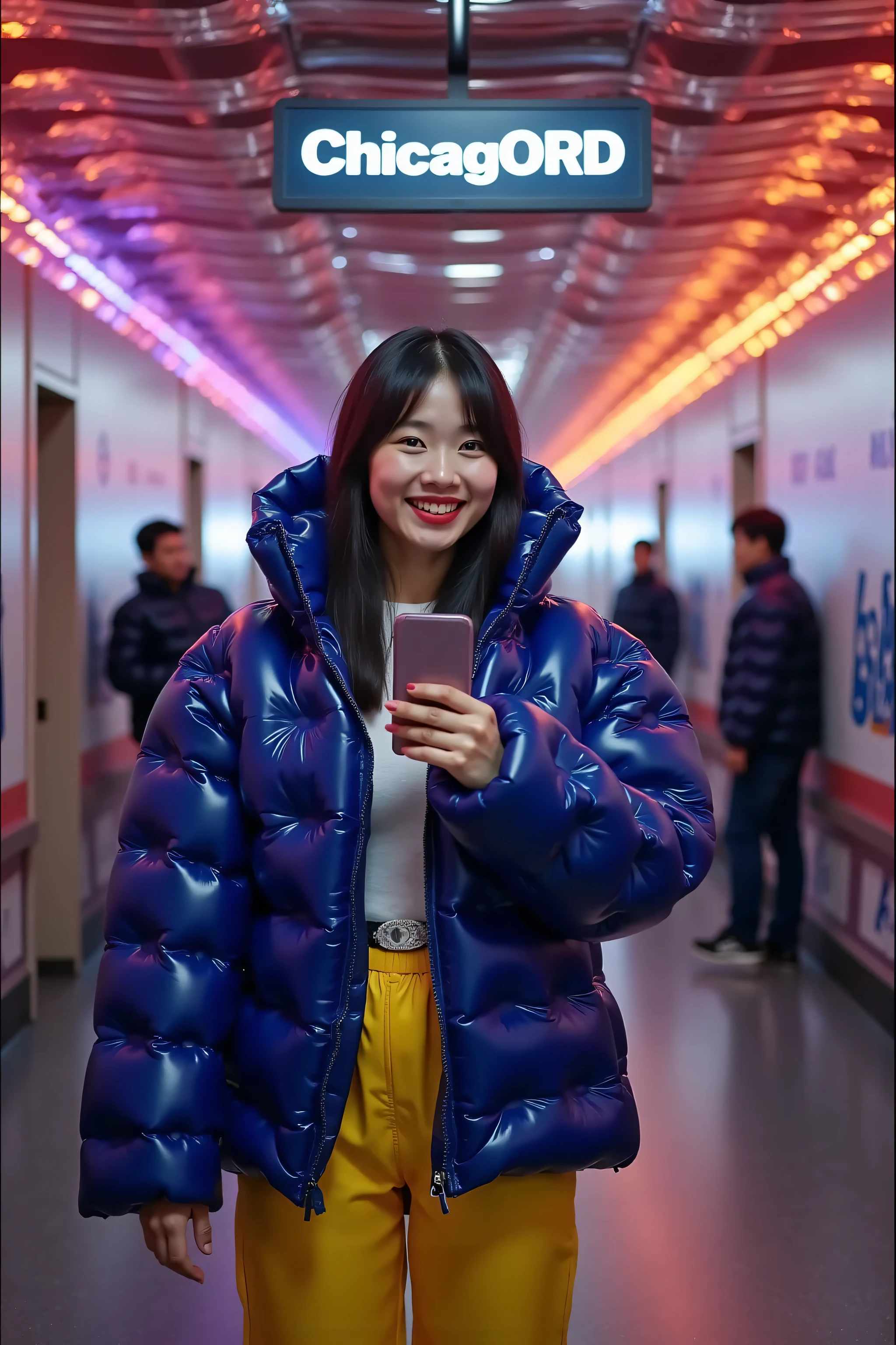 a 3d high definition photograph taken inside of a neon covered hallway underground with advertising banners on the walls, a sign on the wall says "ChicagORD" in printed white and black letters that reflect the lights of the neon in the ceiling, the ceiling has wavy colored neon, the ceiling is 3 dimensional, theres is a 39 year old asian woman, the woman is thin tall and has long black hair, the woman has porcelain white skin that is flawless, the woman has rosy cheek blush, the woman wears bright red lipstick, the woman holds a mobile device in selfie position, the woman is wearing a blue shiny polished vinyl inflatable plasticinflcoat, the woman is wearing yellow inflatable pants, the woman wears a bright shiny silver belt, the jacket has an inflatable hood, the woman is smiling to the camera, there are few other people in the hall wearing formal clothing and casual clothing, airport underground