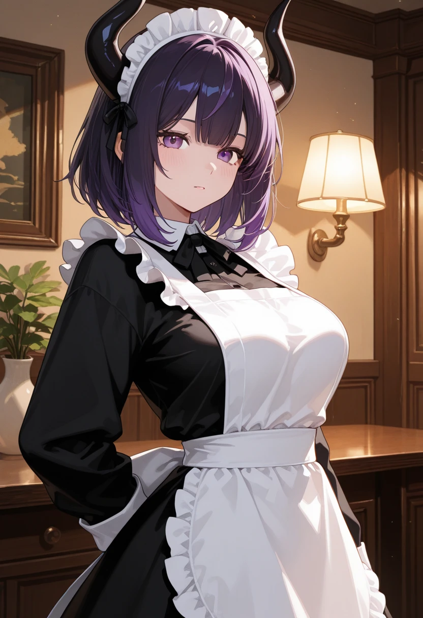 full body, 1 girl, purple hair, short hair, yellow eyes, , living room, modern villa, detailed background, highres, highly detailed face, Detailed eyes, shy expression, blush, good proportions, looking forward, happy smile, homey, girlfriend, gothic maid outfit, black and white outfit, standing upright, prim and proper, 