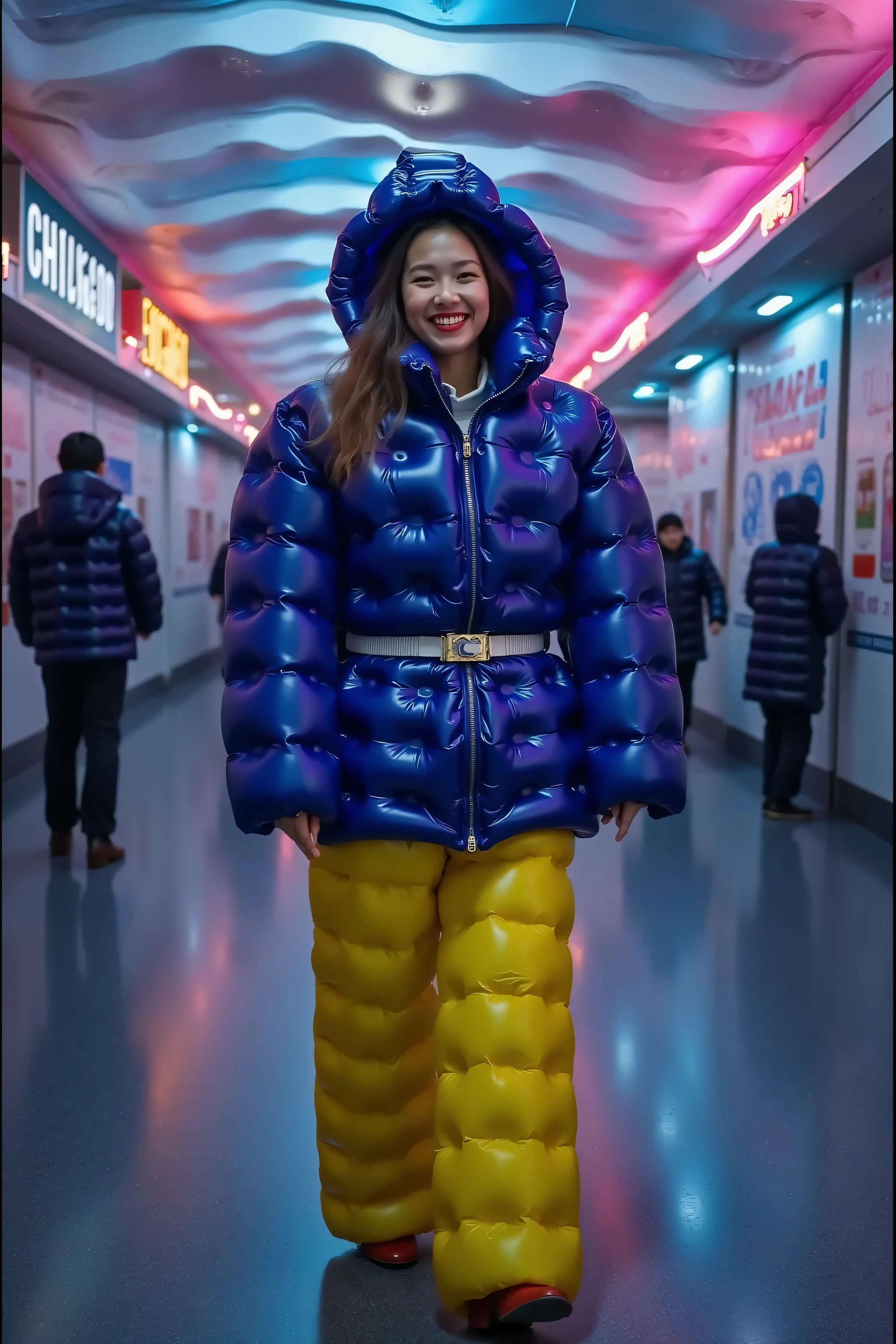 a 3d high definition photograph taken inside of a neon covered hallway underground with advertising banners on the walls, a sign on the wall says "ChicagORD" in printed white and black letters that reflect the lights of the neon in the ceiling, the ceiling has wavy colored neon, the ceiling is 3 dimensional, theres is a 39 year old asian woman, the woman is thin tall and has long black hair, the woman has porcelain white skin that is flawless, the woman has rosy cheek blush, the woman wears bright red lipstick, the woman holds a mobile device in selfie position, the woman is wearing a blue shiny polished vinyl inflatable plasticinflcoat, the woman is wearing yellow inflatable pants, the woman wears a bright shiny silver belt, the jacket has an inflatable hood, the woman is smiling to the camera, there are few other people in the hall wearing formal clothing and casual clothing, airport underground