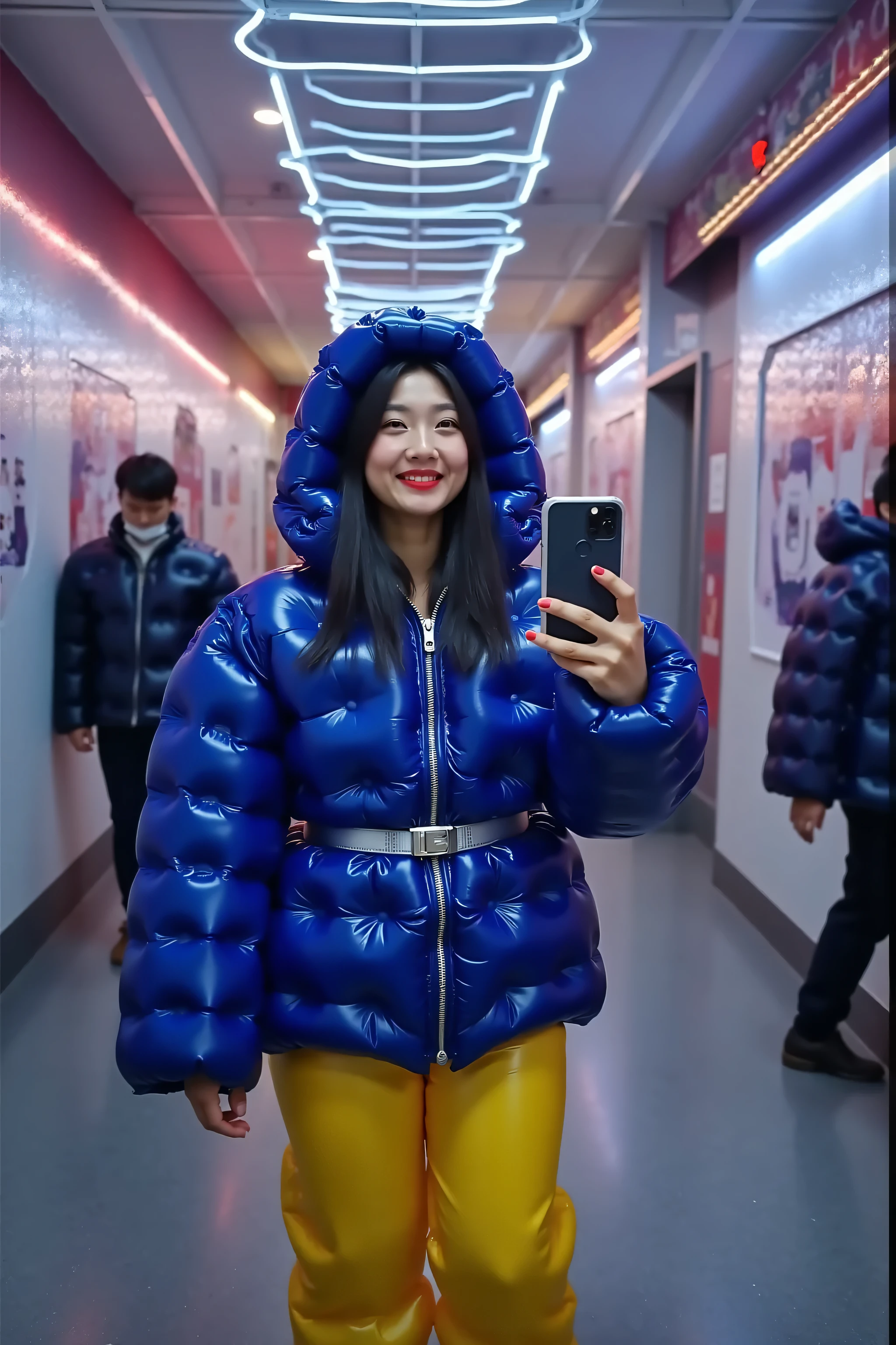 a 3d high definition photograph taken inside of a neon covered hallway underground with advertising banners on the walls, a sign on the wall says "ChicagORD" in printed white and black letters that reflect the lights of the neon in the ceiling, the ceiling has wavy colored neon, the ceiling is 3 dimensional, theres is a 39 year old asian woman, the woman is thin tall and has long black hair, the woman has porcelain white skin that is flawless, the woman has rosy cheek blush, the woman wears bright red lipstick, the woman holds a mobile device in selfie position, the woman is wearing a blue shiny polished vinyl inflatable plasticinflcoat, the woman is wearing yellow inflatable pants, the woman wears a bright shiny silver belt, the jacket has an inflatable hood, the woman is smiling to the camera, there are few other people in the hall wearing formal clothing and casual clothing, airport underground