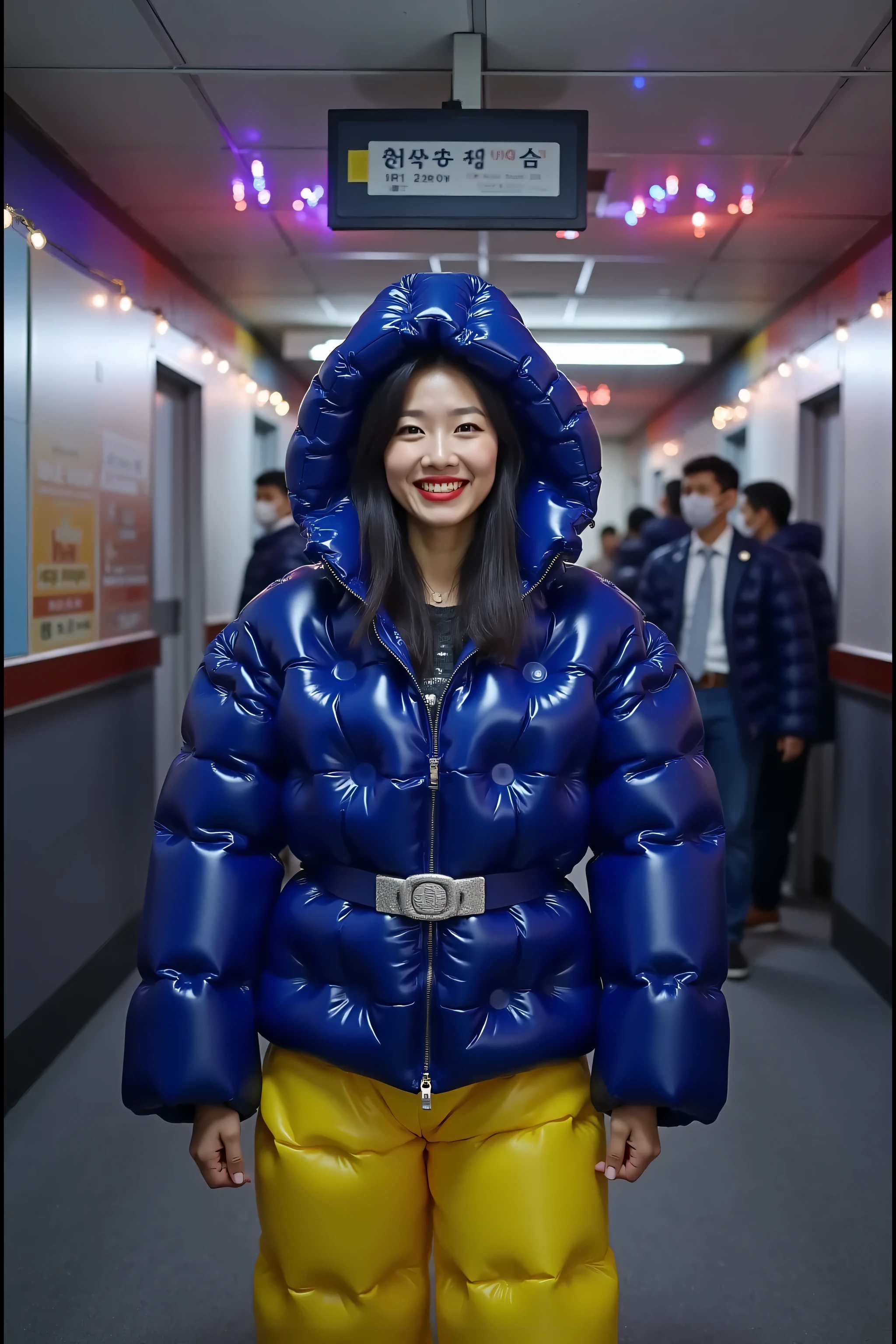 a 3d high definition photograph taken inside of a neon covered hallway underground with advertising banners on the walls, a sign on the wall says "ChicagORD" in printed white and black letters that reflect the lights of the neon in the ceiling, the ceiling has wavy colored neon, the ceiling is 3 dimensional, theres is a 39 year old asian woman, the woman is thin tall and has long black hair, the woman has porcelain white skin that is flawless, the woman has rosy cheek blush, the woman wears bright red lipstick, the woman holds a mobile device in selfie position, the woman is wearing a blue shiny polished vinyl inflatable plasticinflcoat, the woman is wearing yellow inflatable pants, the woman wears a bright shiny silver belt, the jacket has an inflatable hood, the woman is smiling to the camera, there are few other people in the hall wearing formal clothing and casual clothing, airport underground