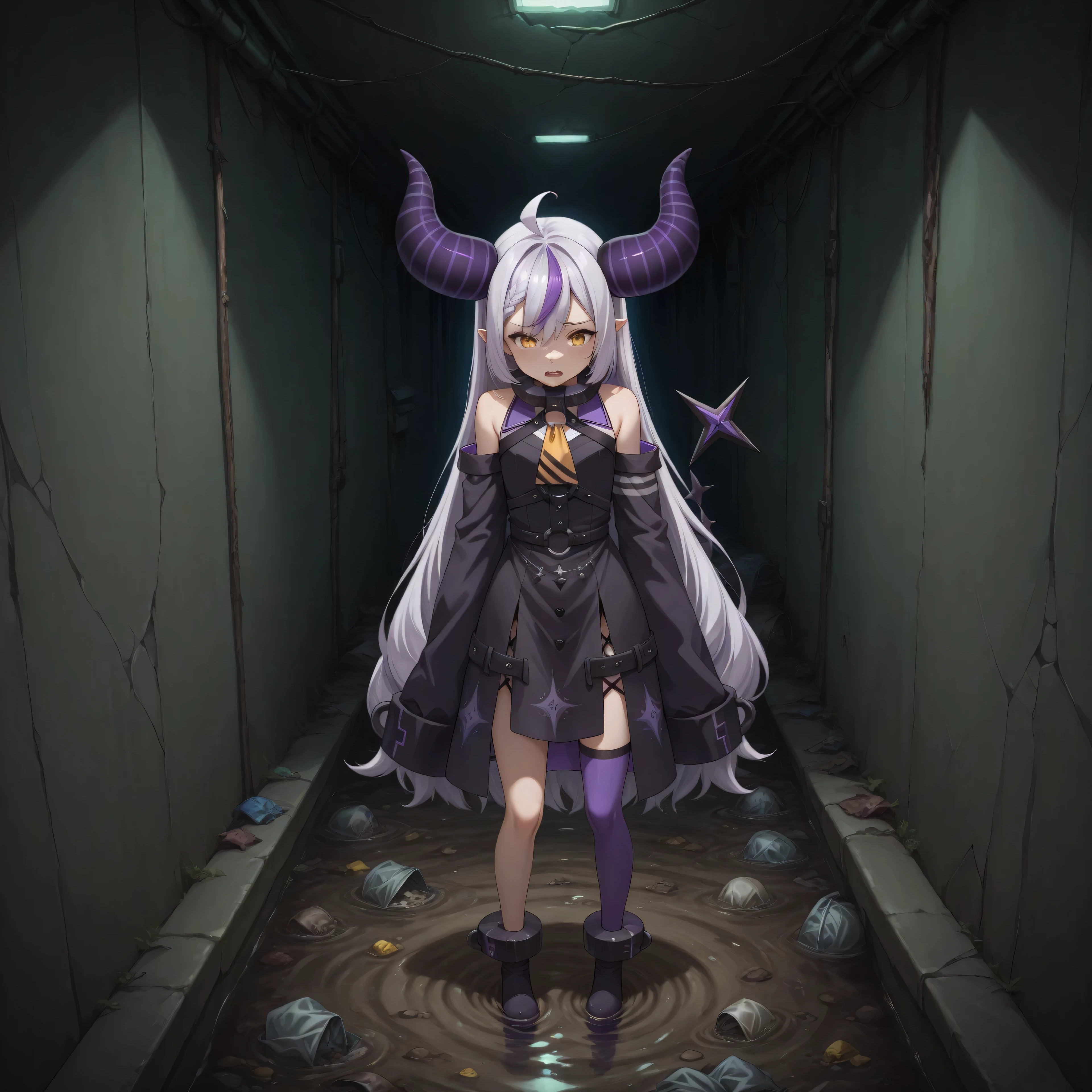 anime, lazypos, in sewer, sewer hallway, low standing water,  water, garbage, garbage in water, cracked walls, pipeworks, hanging wires, 1girl, , ct_l4plus, flat , metal collar, purple coat, yellow ascot, sleeves past fingers, single thighhigh, purple thighhigh, sleeveless dress, black dress, o-ring, yellow ascot, white detached sleeves, single thighhigh, scared