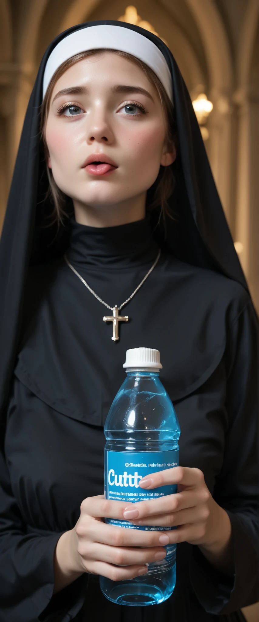 A girl in a black nun's outfit is holding a black latex water bottle. She's nervous and shy, show off licking side of bottle,
<KY_0002, glowing,