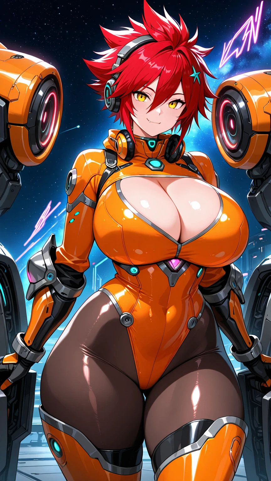 1girl, ?????????????, ???????, ???? legs, thick thighs, short hair, orange hair, leotard, very short hair, black leotard, neon trim, neon lights, neon, machinery, tech, science-fiction, futuristic, smile, blue eyes, wings
