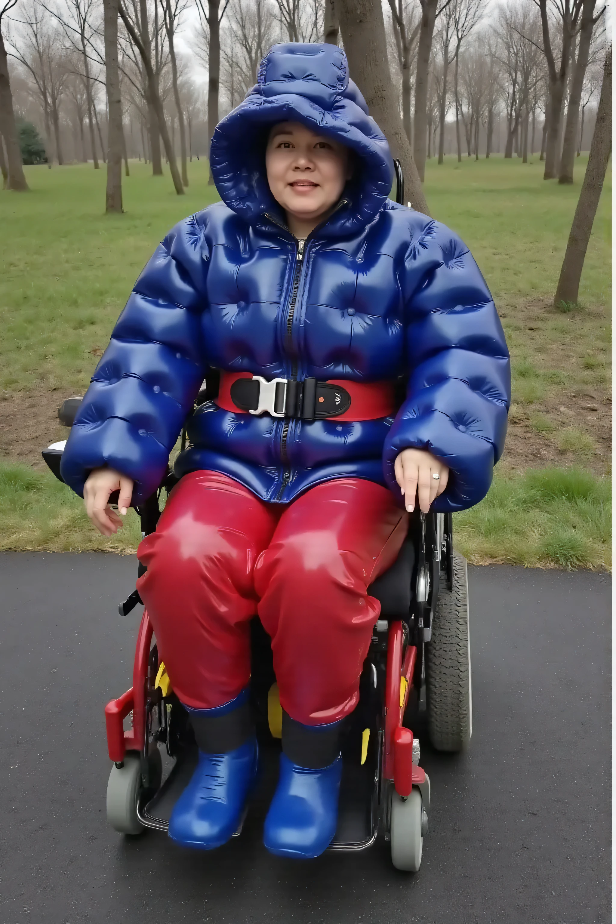 a wide angle photograph of a 52 year old asian woman lightly obese, with thick muscular arms, wearing a 50% translucent inflatable vinyl coat with a hood that is made of semitranslucent blue vinyl, wearing non translucent non inflatable red vinyl pants, sitting in a powered wheelchair, wearing a polished red neoprene wheelchair harness, wearing a polished black neoprene hip belt, wearing polished yellow neoprene ankle restraints, wearing blue boots, in a forest in japan, apple rose trees
