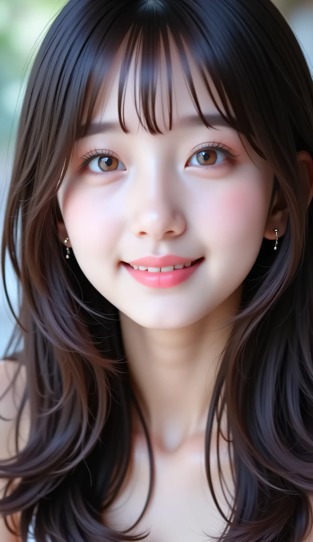 (top quality dress next to the viewer:1.4),(masterpiece:1.4),(realistic on pho:1.4),(realistic on pho:1.2),(超High Resolution, オリジナルの Picture :1.4),(High Resolution, very detailed:1.2),(8k:1.2),{ Picture },{黒髪の女性の Picture }{ONE GIRL:１８age],{Double Eyed Beautiful Girl：mascara：  teardrop bags：Long Lashes},Alone,{{ radiant beautiful skin：with fair skin}},{{{(sheer white lace bra)}},((upper body getting prickly:1.3)),,{ Her Hairstyle Is Princess Cut:bangs}、