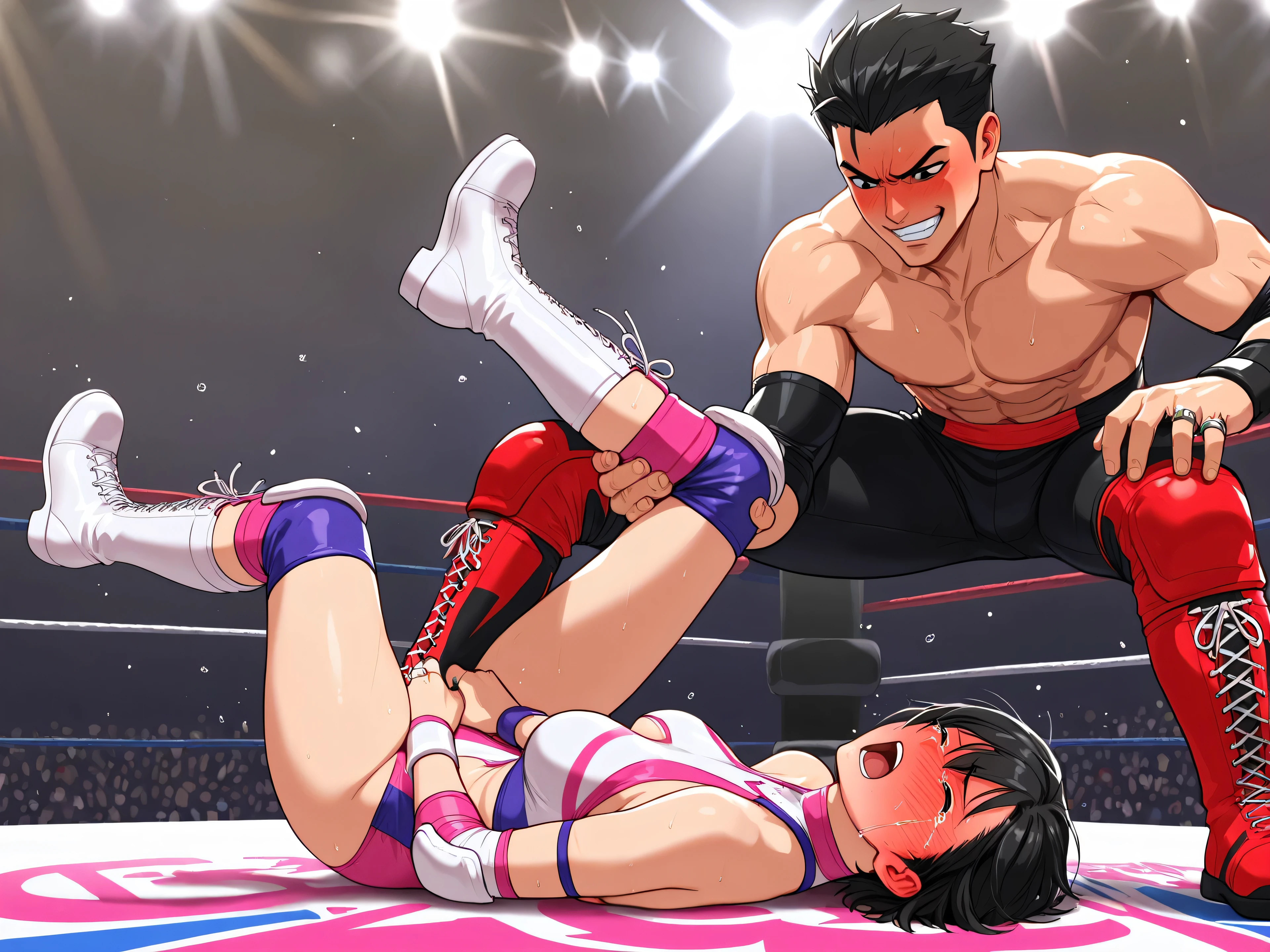 masterpiece, super fine illustration, best quality, light particles, ultra detailed, perfect , Japanese anime style, 8K, (woman), small breasts, ((black short hair)), shiny hair, shiny skin, oily skin, beautiful face, (white leotard, wrestling boots:1.2), (), (, beautiful brown eyes, shiny eyes, big eyes), blush cheeks, get down , (top down bottom up), (man:1.5), (man standing behind girl), (intense :1.6), ( :1.4), hetero, (man hold woman's waist:1.4), ( out), , stage, wrestling stage, crowd, illumination, shadow, (dramatic angle:1.2),perfect 