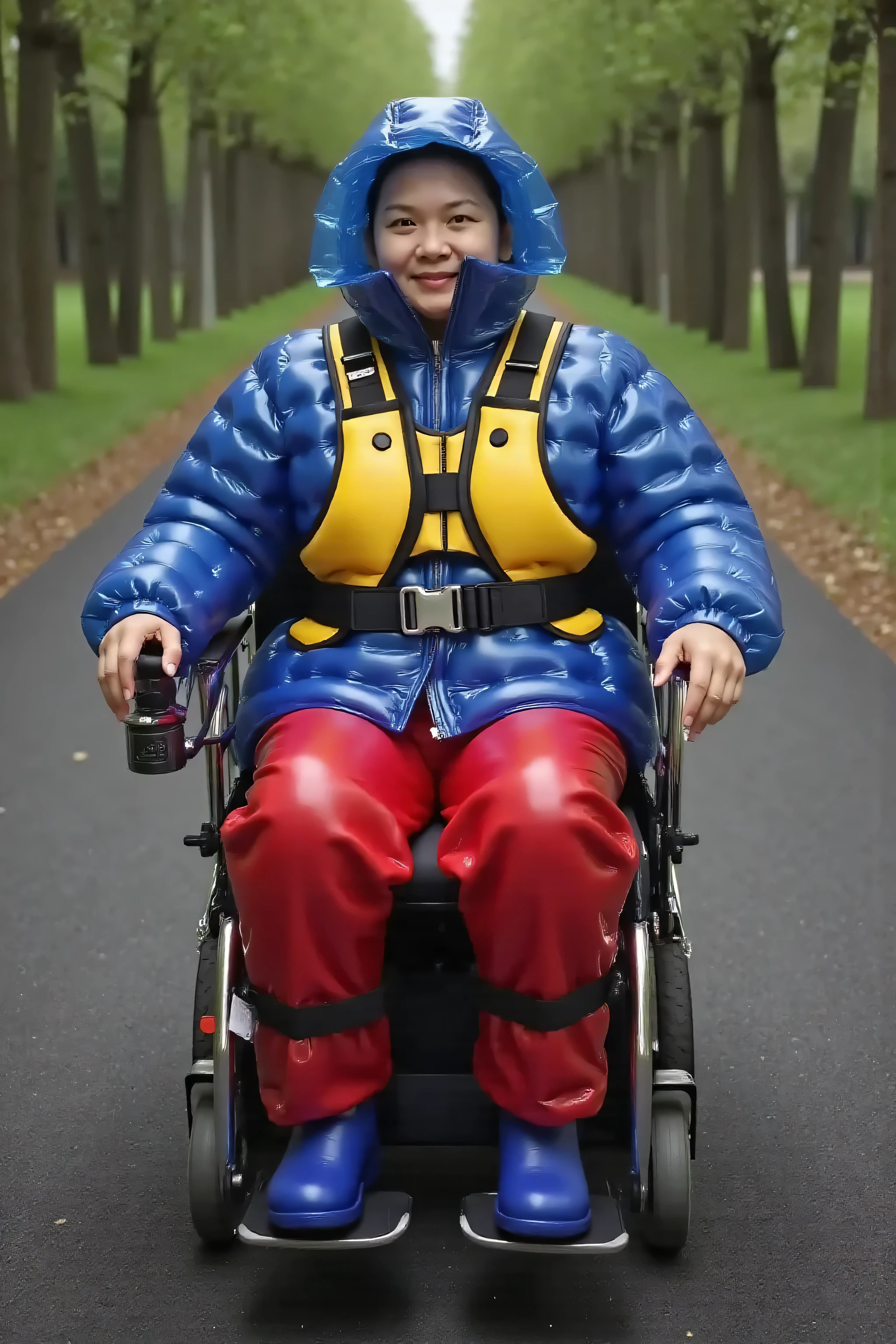 a wide angle photograph of a 52 year old asian woman lightly obese, with thick muscular arms, wearing a 50% translucent inflatable vinyl coat with a hood that is made of semitranslucent blue vinyl, wearing non translucent non inflatable red vinyl pants, sitting in a powered wheelchair, wearing a polished yellow neoprene wheelchair harness on the chest with wide and thick straps covering her chest, wearing a polished black neoprene hip belt, wearing polished yellow neoprene ankle restraints, wearing blue boots, in a forest in japan, apple rose trees