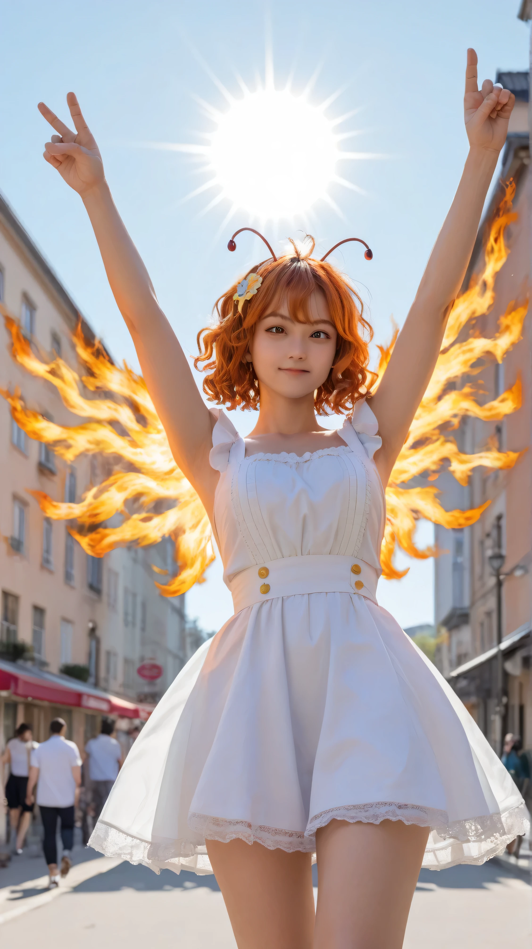 one girl standing、 shot his whole body from the front、 best image quality、Greatest Masterpiece、Super Detailed、High Resolution、Extremely Detailed CG、 sandori, sun girl, burning hair, red and orange hair, messy hair, short hair, fluffy wavy hair, sun hair accessory, hair ribbon, flaming tail, flaming wings, sun antennae, burning eyes, sun-themed clothing, dirndl, sun clothes、Dynamic pose、low angle shot、 cute raise your arms above your head、light fist、raise one knee、Light running pose、expressing energy、dynamic posing、 professional shooting lights、simple white background、