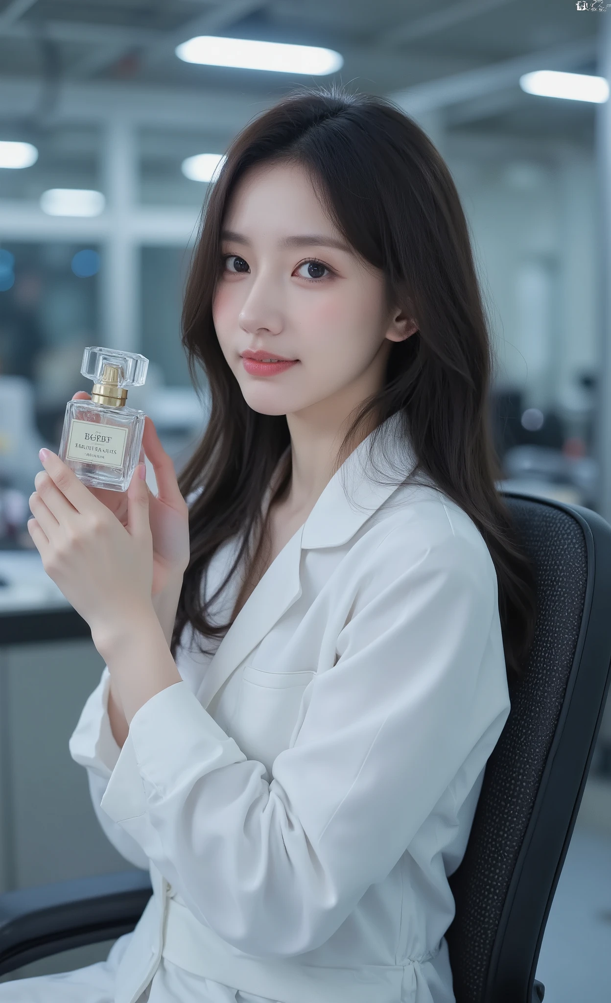 An Asian scientist of radiant beauty, wearing flawless white coat, sitting elegantly on an ergonomic chair in her high-tech laboratory, smiling with satisfaction as she contemplates a crystal bottle containing her newly created perfume, Soft lighting highlighting your face, sophisticated scientific equipment in the background, atmosphere of scientific triumph, professional photograph in HDR, ultra detailed quality, depth of field, 8k