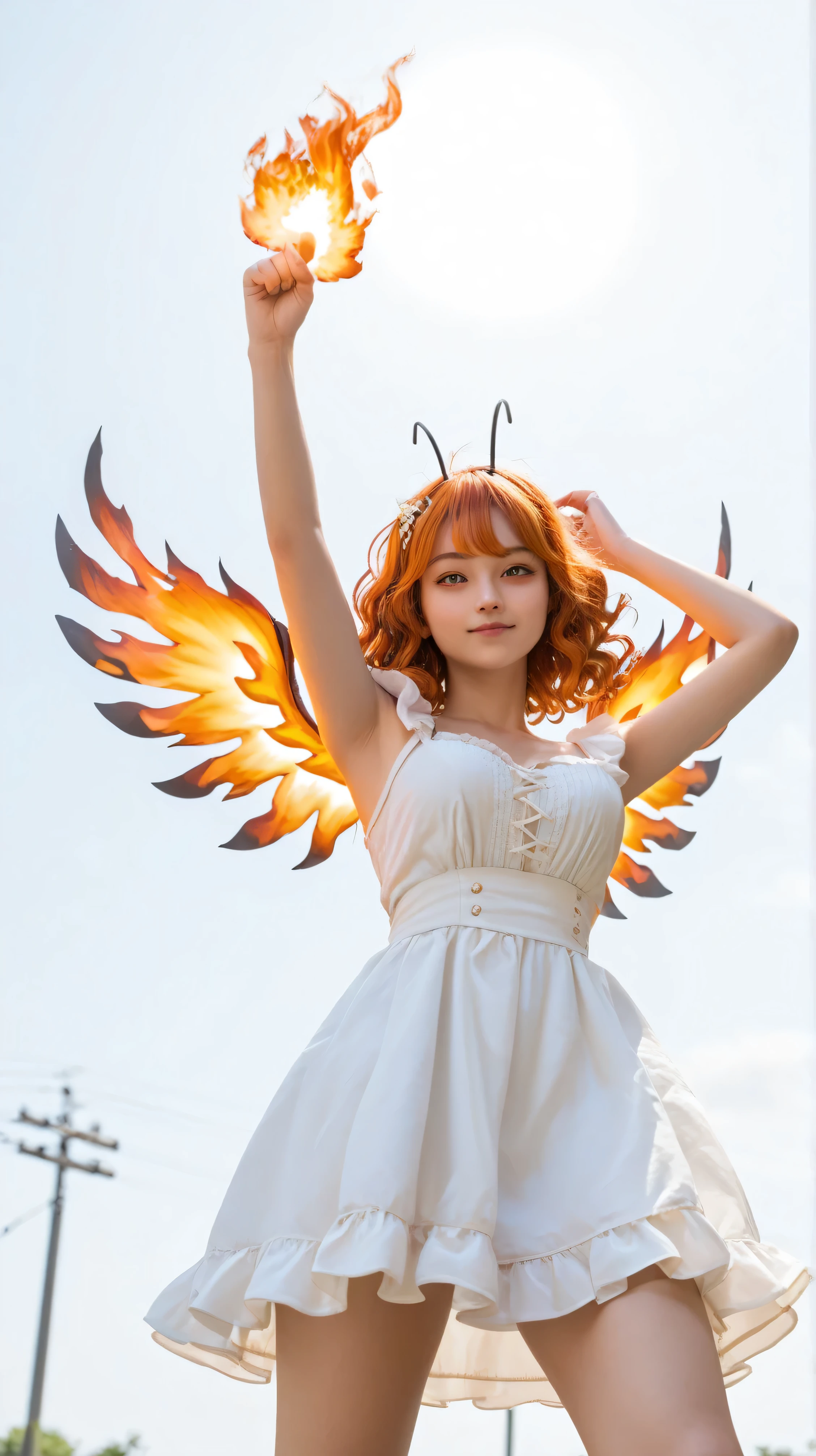 one girl standing、 shot his whole body from the front、 best image quality、Greatest Masterpiece、Super Detailed、High Resolution、Extremely Detailed CG、 sandori, sun girl, burning hair, red and orange hair, messy hair, short hair, fluffy wavy hair, sun hair accessory, hair ribbon, flaming tail, flaming wings, sun antennae, burning eyes, sun-themed clothing, dirndl, sun clothes、Dynamic pose、low angle shot、 cute raise your arms above your head、light fist、raise one knee、Light running pose、expressing energy、dynamic posing、 professional shooting lights、simple white background、