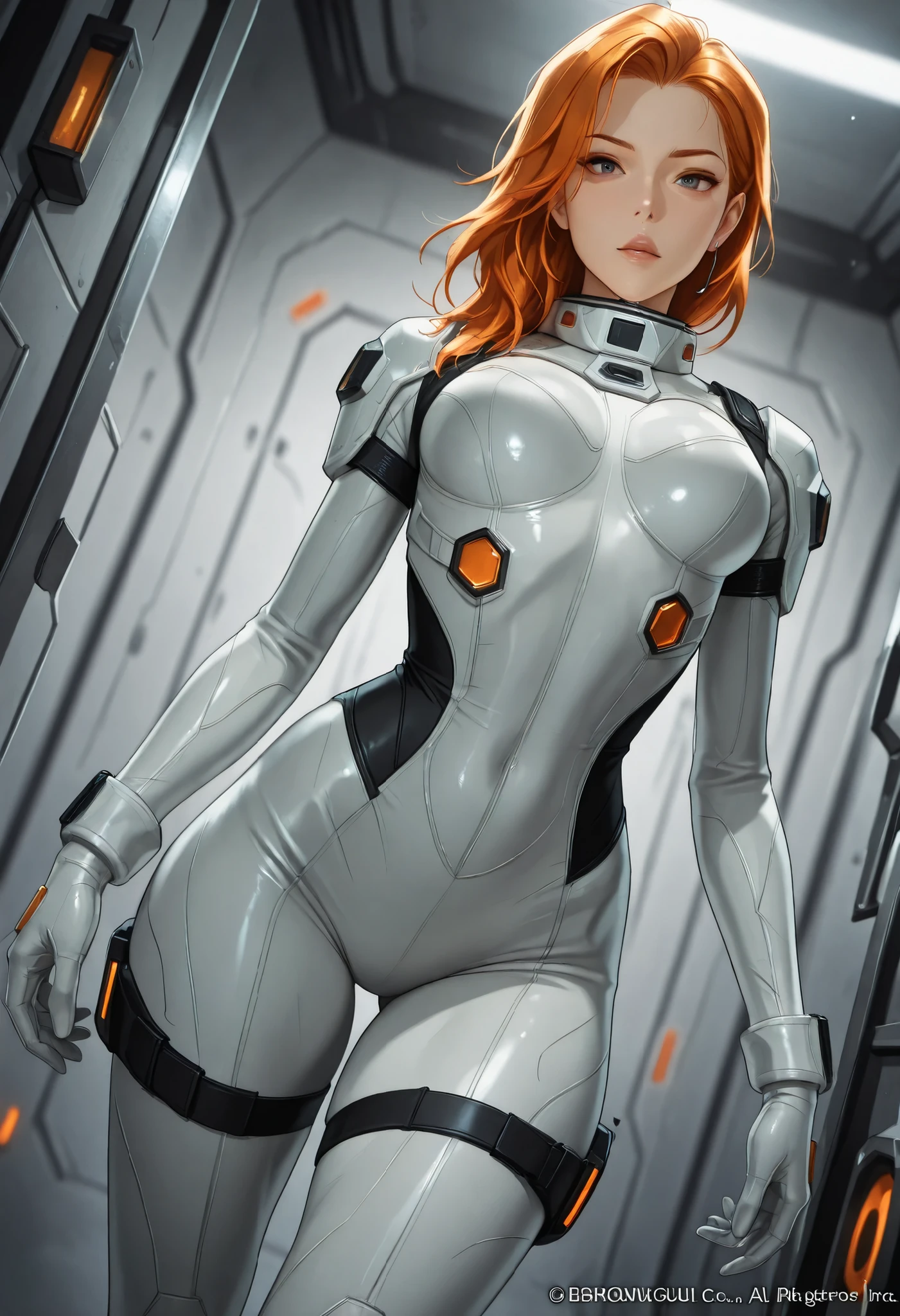 high resolution images, masterpiece, Highest Quality, amazing quality, official art, Highly detailed, Wallpaper, 1 girl, slender, wide hips, (slim thighs), A very attractive and slim woman wearing a tight spacesuit walks through the corridors of an abandoned and decaying space station in a futuristic world. dynamic angle, ((orange accent lines)), black accent lines,