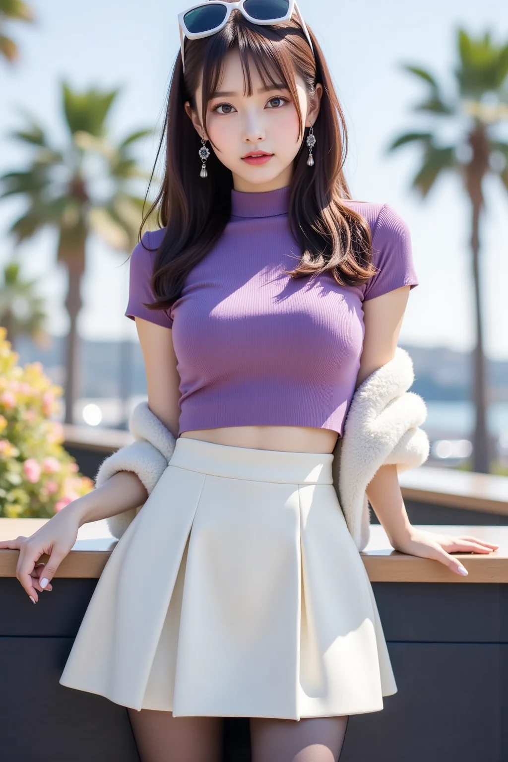1girl, egirl, korean, wavy hair, white top, pink sarong skirt, up to knees, outdoor, cute pose, glossy lips, full body, realistic, wonyounglorashy
