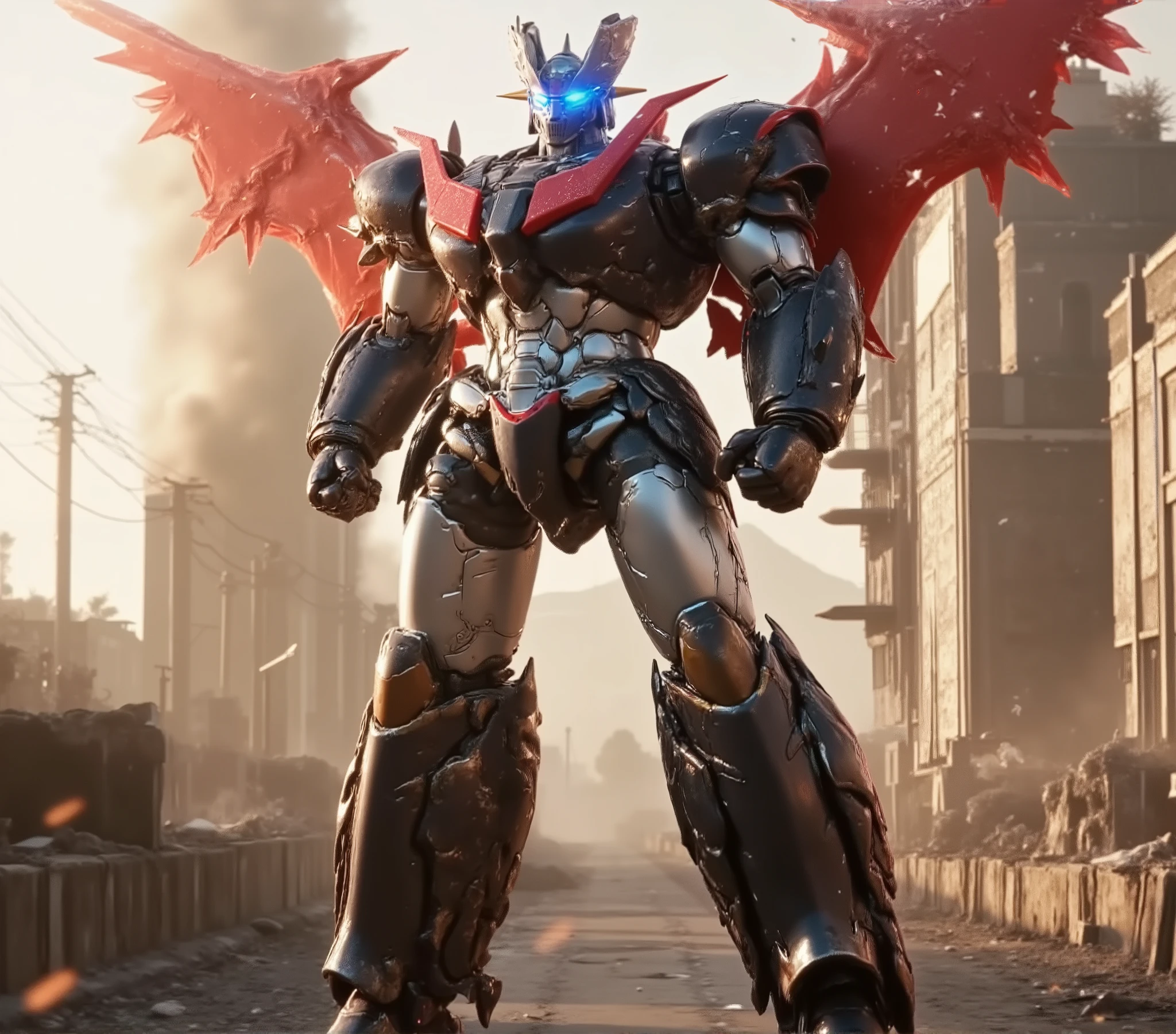 full figure. fluxmecha,Celestial Fantasy,mazinger,masterpiece, ultra detailed 8k UHD, hyper realistic, Mazinger Z Ultimate Form, 100-meter-tall super robot, gleaming chrome and carbon fiber armor, vibrant metallic red cape billowing dramatically, advanced photon energy core pulsing with intense blue light, pose dynamic-fighting stance, dynamic pose with legs spread and arms in attack position, articulated mechanical joints with perfect detail, scattered light effects breaking through armor plates, destroyed cityscape with smoking ruins, Mount Fuji majestically framed in background, golden sunlight creating lens flares on metallic surfaces, extreme contrast between light and shadow, photorealistic materials, next-generation carbon fiber panels, high-tech research institute visible in background, atmospheric battle damage effects