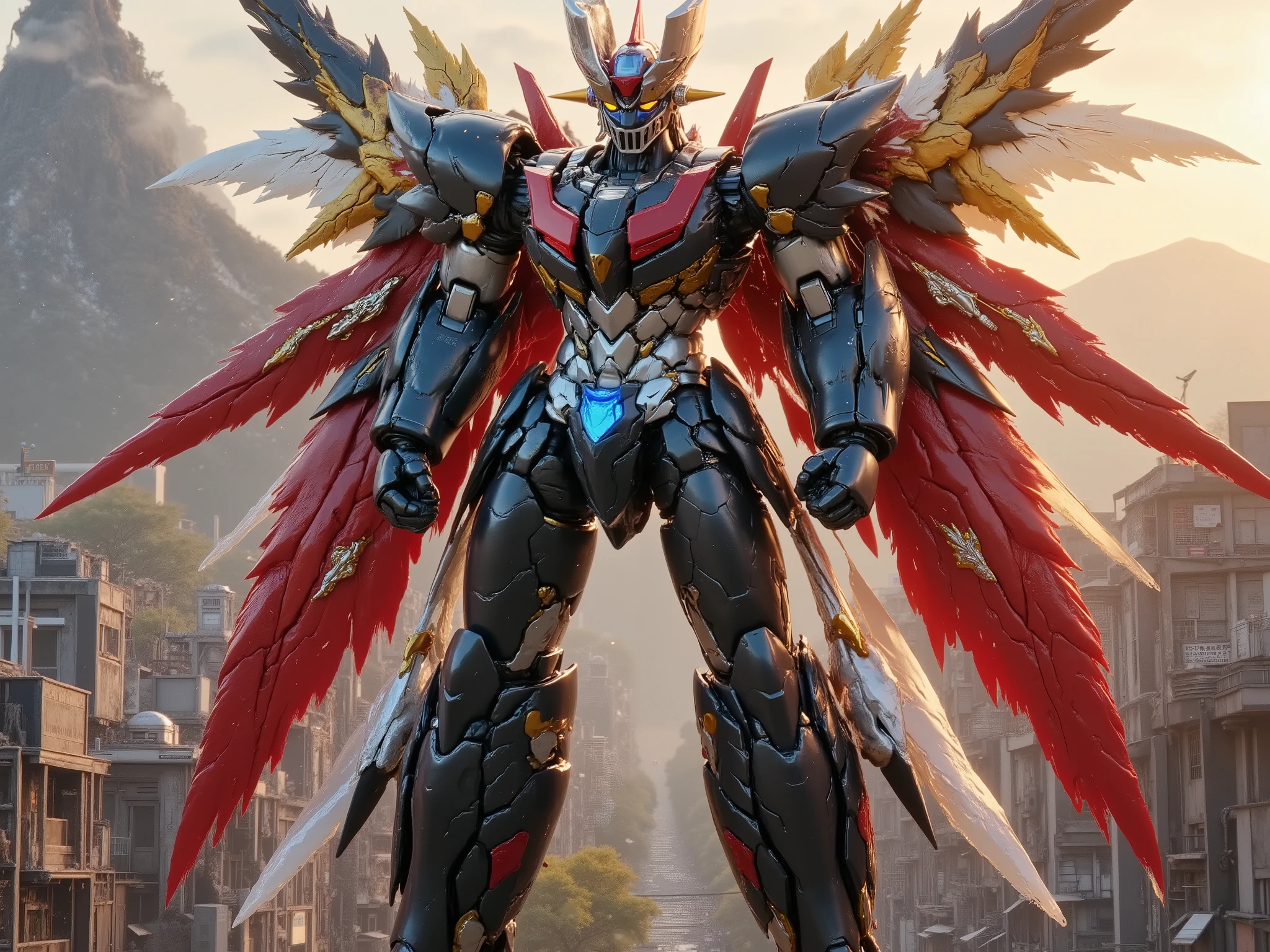 full figure. fluxmecha,Celestial Fantasy,mazinger,masterpiece, ultra detailed 8k UHD, hyper realistic, Mazinger Z Ultimate Form, 100-meter-tall super robot, gleaming chrome and carbon fiber armor, vibrant metallic red cape billowing dramatically, advanced photon energy core pulsing with intense blue light, pose dynamic-fighting stance, dynamic pose with legs spread and arms in attack position, articulated mechanical joints with perfect detail, scattered light effects breaking through armor plates, destroyed cityscape with smoking ruins, Mount Fuji majestically framed in background, golden sunlight creating lens flares on metallic surfaces, extreme contrast between light and shadow, photorealistic materials, next-generation carbon fiber panels, high-tech research institute visible in background, atmospheric battle damage effects