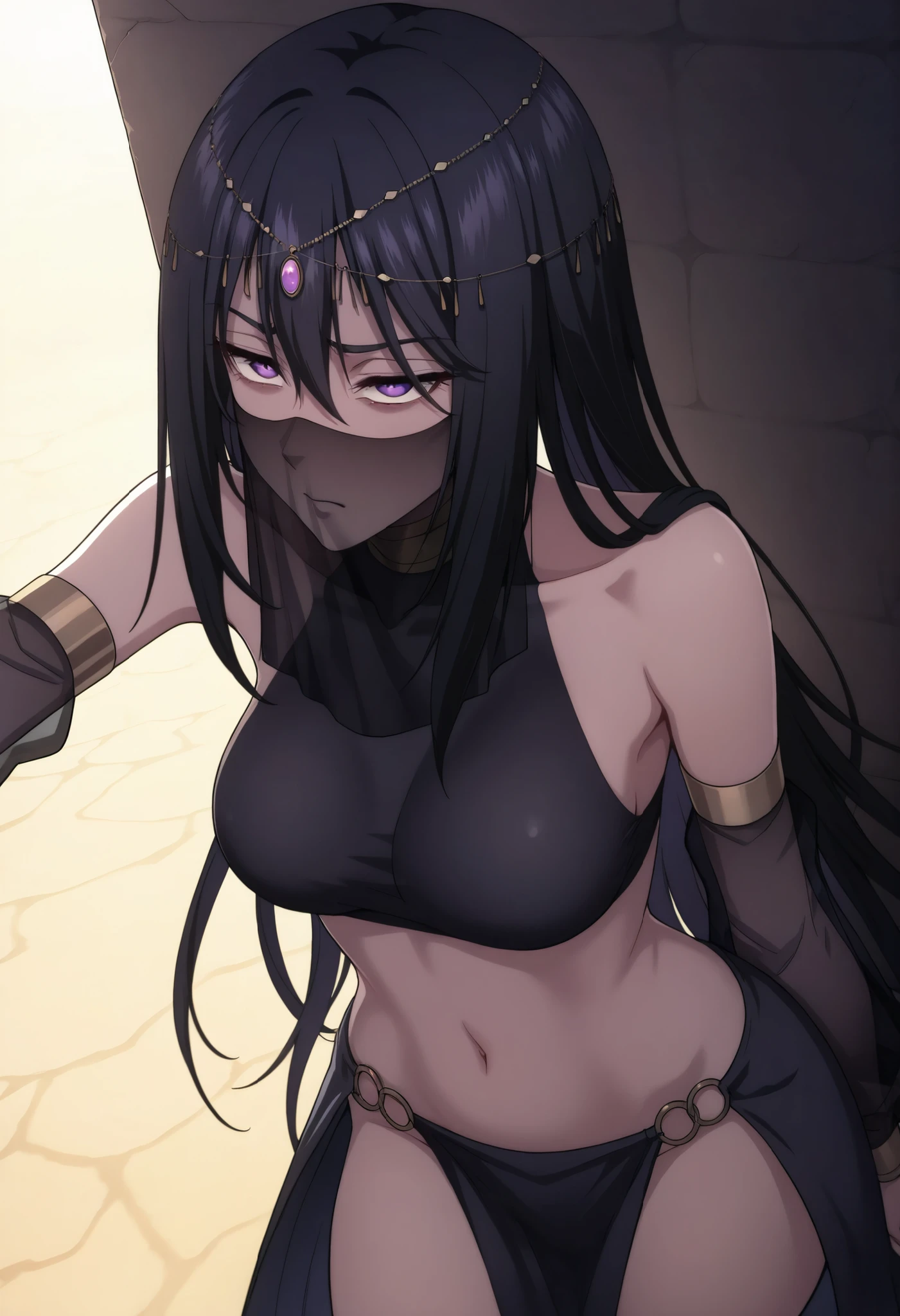 masterpiece, best quality:1.2), amazing quality, very aesthetic, 32k, soft lighting, absurdres, extremely beautiful, newest, scenery, extra details, (sharp detailed:1.2),1girl, solo,long hair, black hair, purple eyes, hair between eyes veil, mouth veil, circlet, arabian clothes, gold choker, turtleneck, covered collarbone, bare shoulders, black crop top, detached sleeves, see-through sleeves, midriff, navel, o-ring, waist cape, pelvic curtain gladiator sandals,close up,portrait,